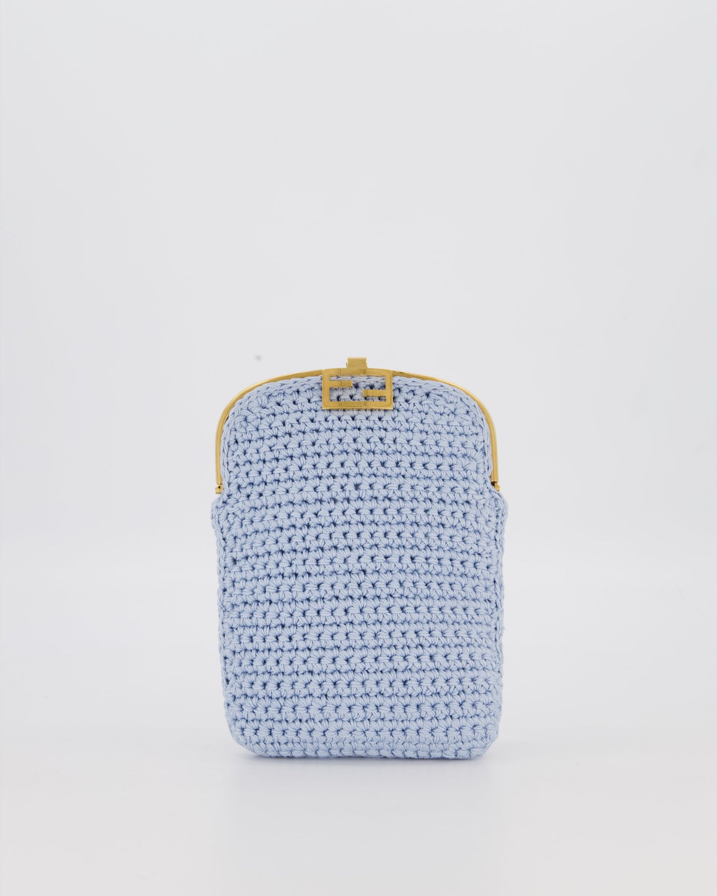 Fendi Sky Blue Baguette Phone Bag in Woven Crochet with Chain with Gold Hardware