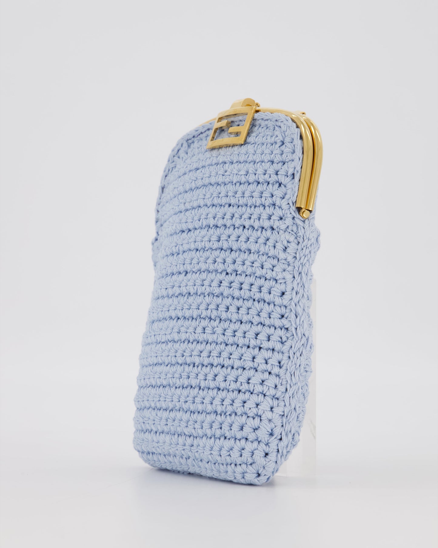 Fendi Sky Blue Baguette Phone Bag in Woven Crochet with Chain with Gold Hardware