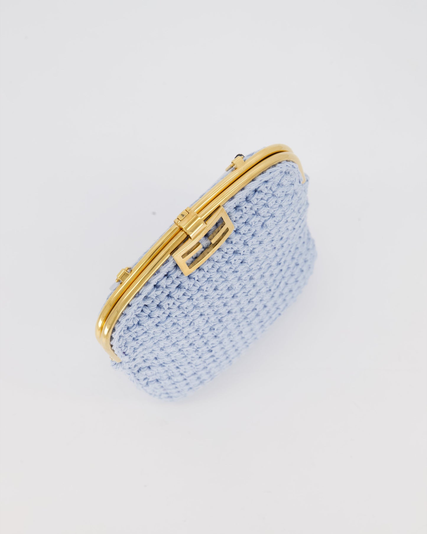 Fendi Sky Blue Baguette Phone Bag in Woven Crochet with Chain with Gold Hardware