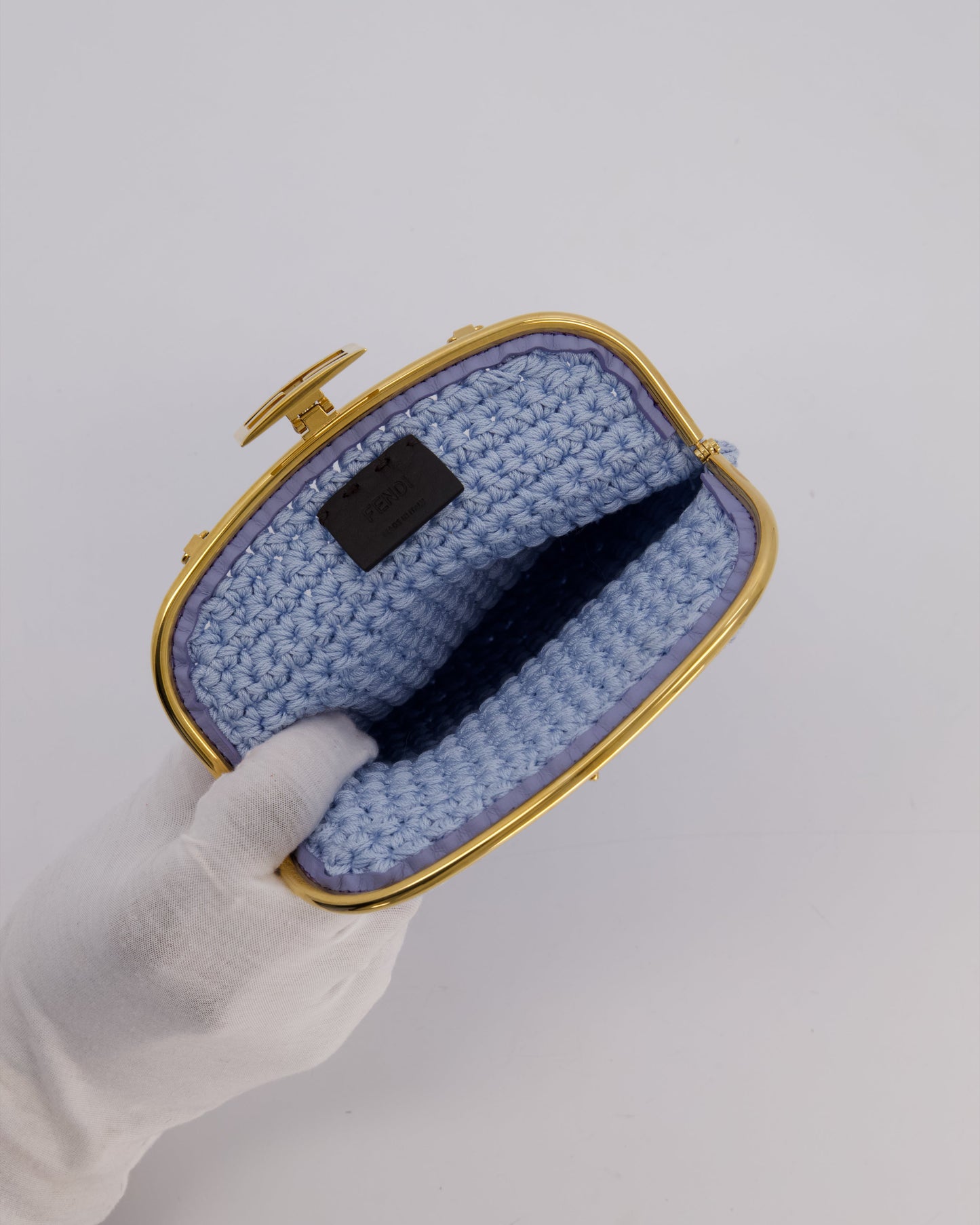 Fendi Sky Blue Baguette Phone Bag in Woven Crochet with Chain with Gold Hardware