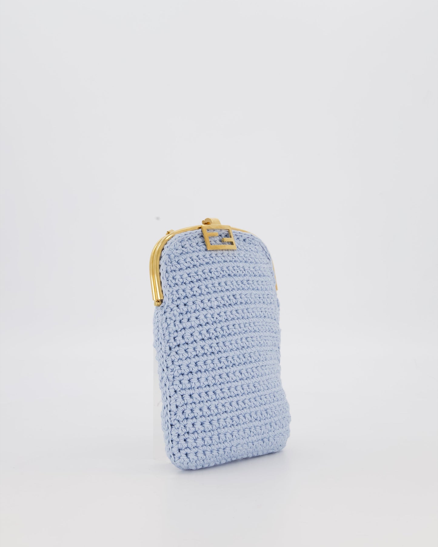 Fendi Sky Blue Baguette Phone Bag in Woven Crochet with Chain with Gold Hardware