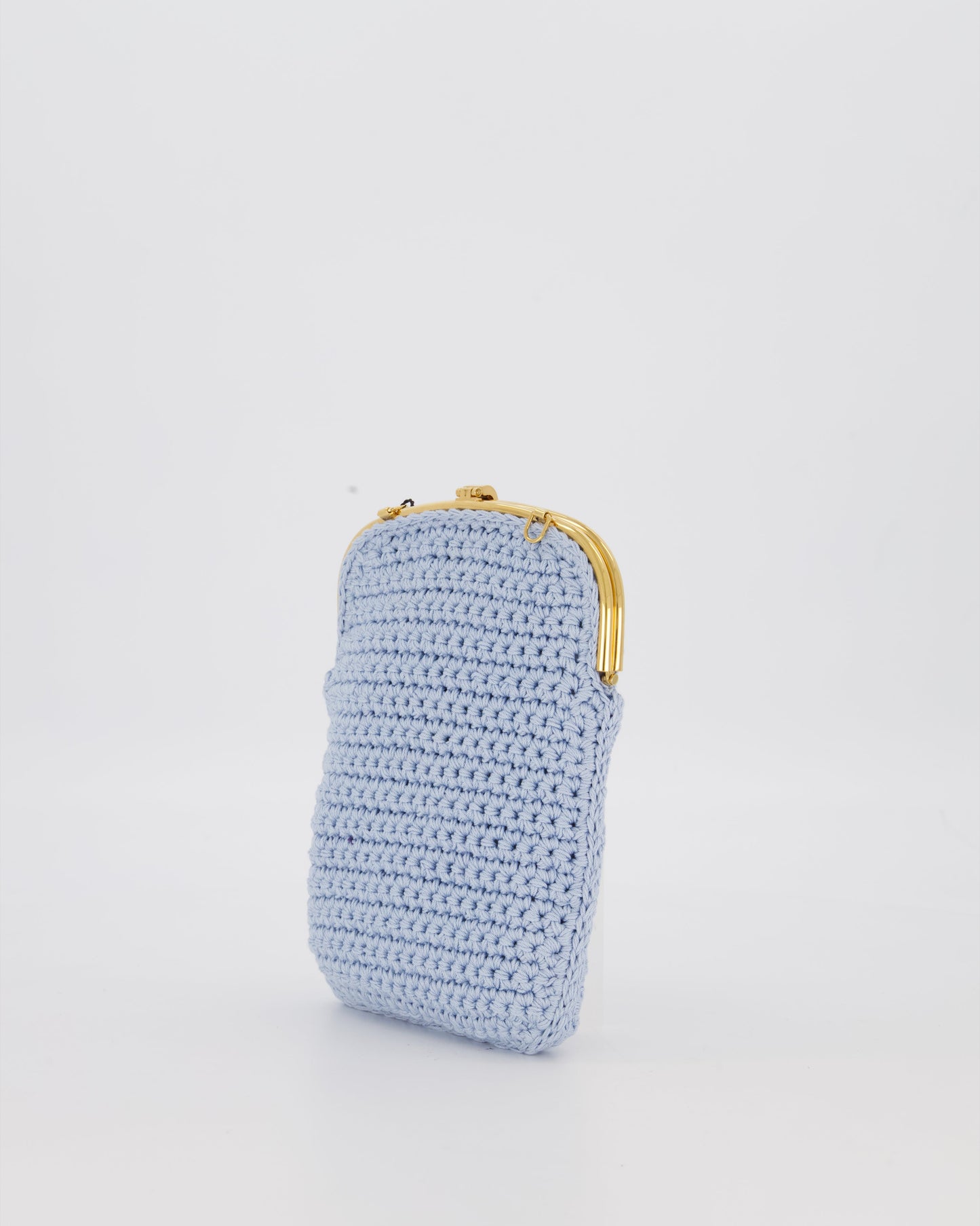 Fendi Sky Blue Baguette Phone Bag in Woven Crochet with Chain with Gold Hardware