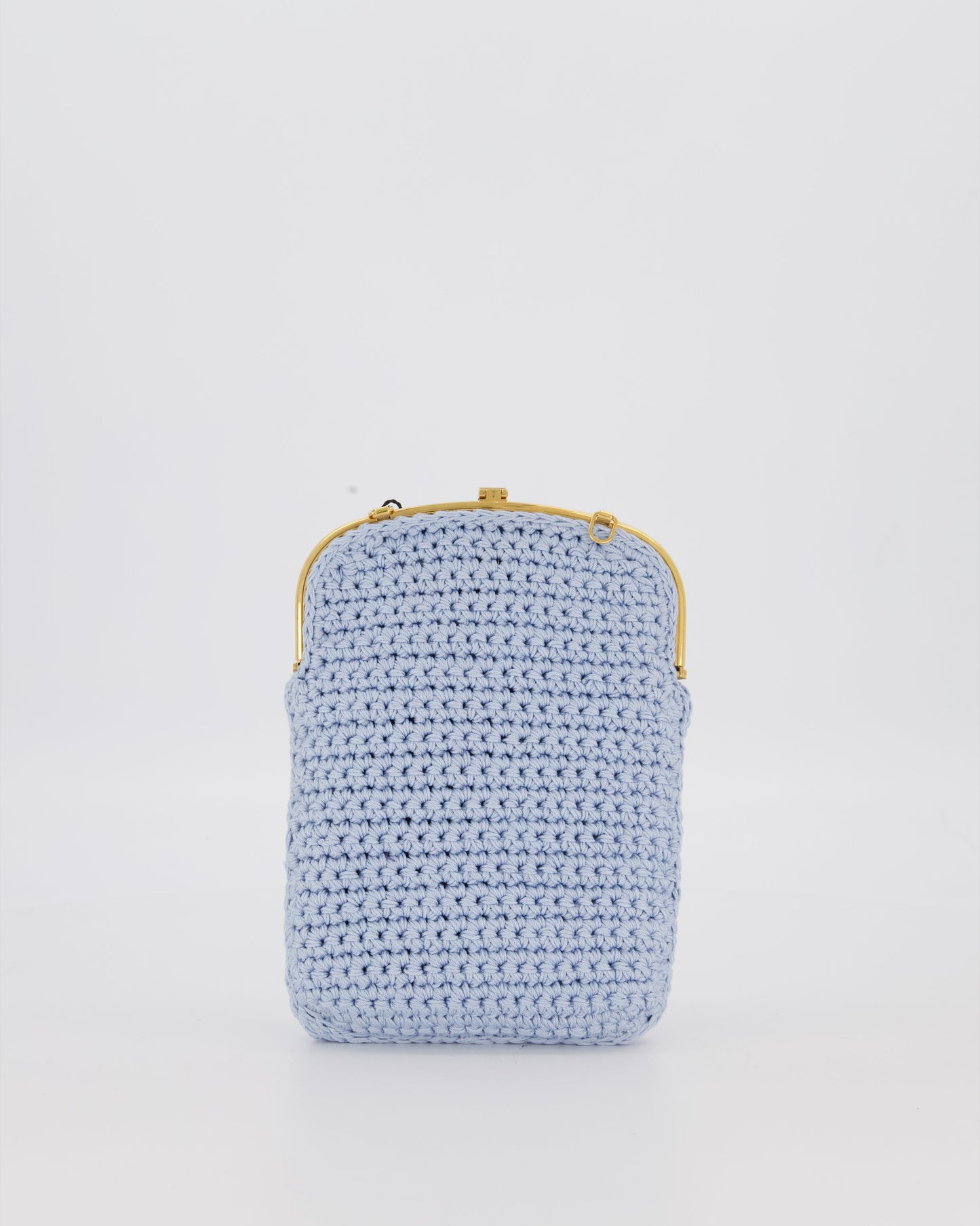 Fendi Sky Blue Baguette Phone Bag in Woven Crochet with Chain with Gold Hardware