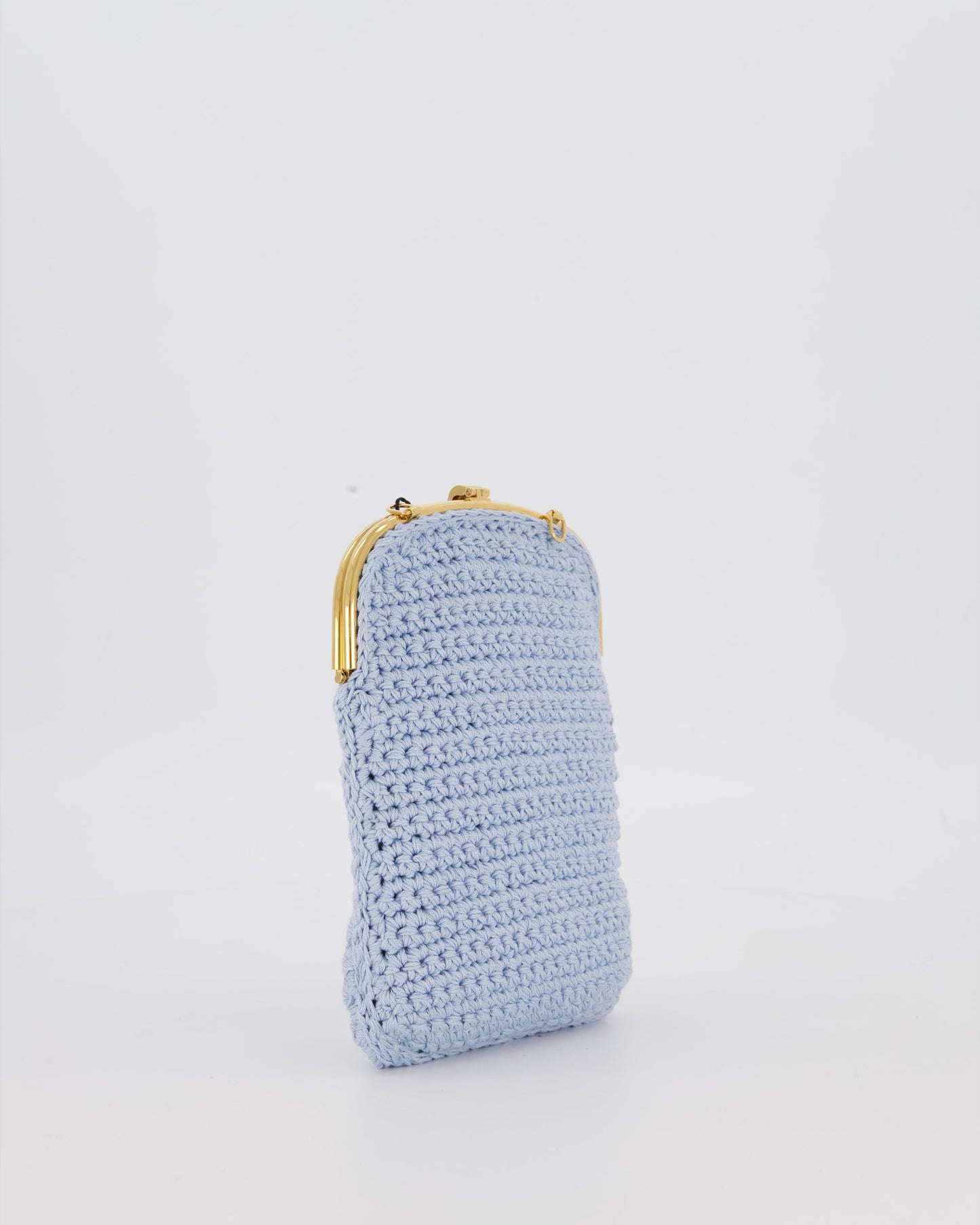 Fendi Sky Blue Baguette Phone Bag in Woven Crochet with Chain with Gold Hardware