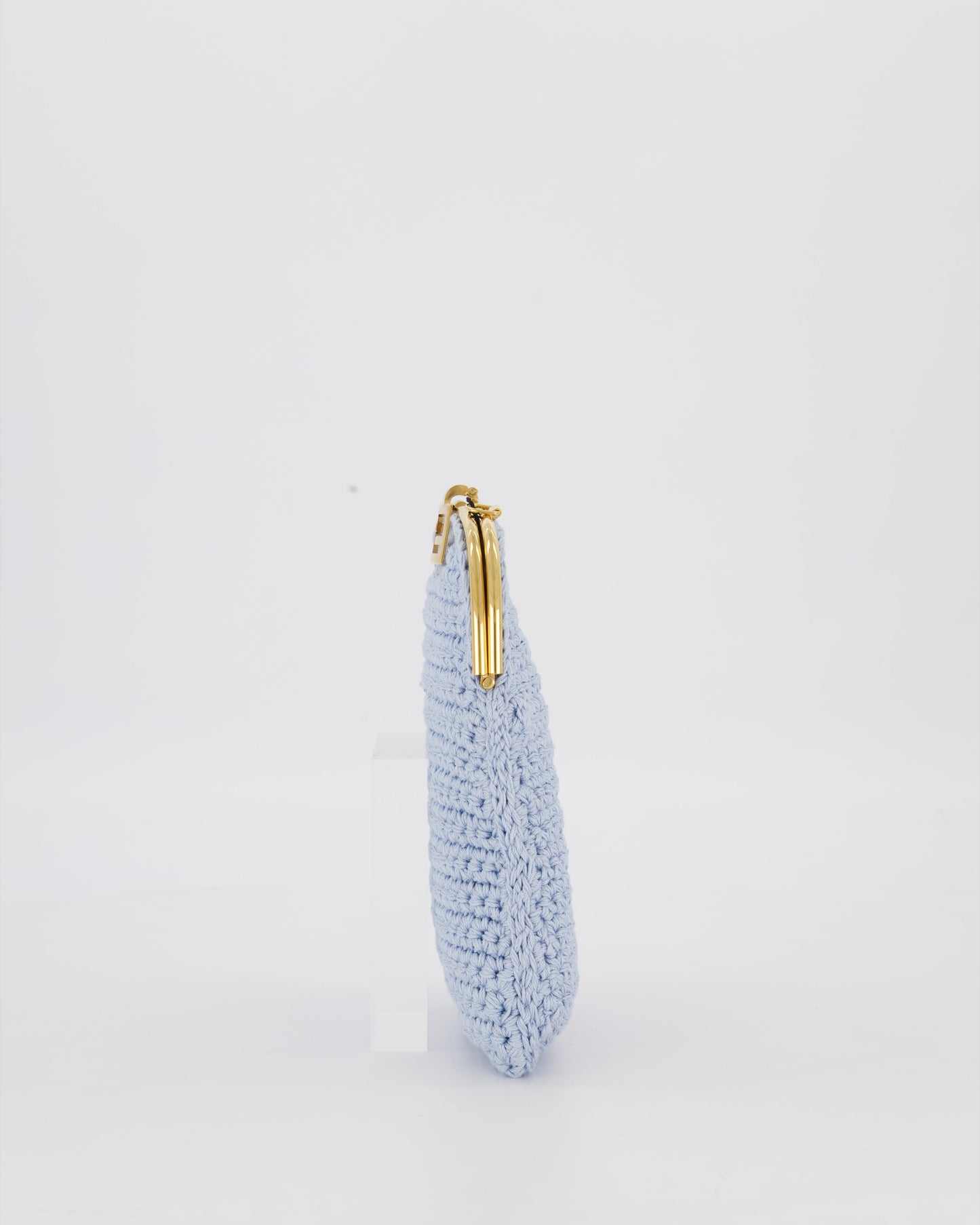 Fendi Sky Blue Baguette Phone Bag in Woven Crochet with Chain with Gold Hardware