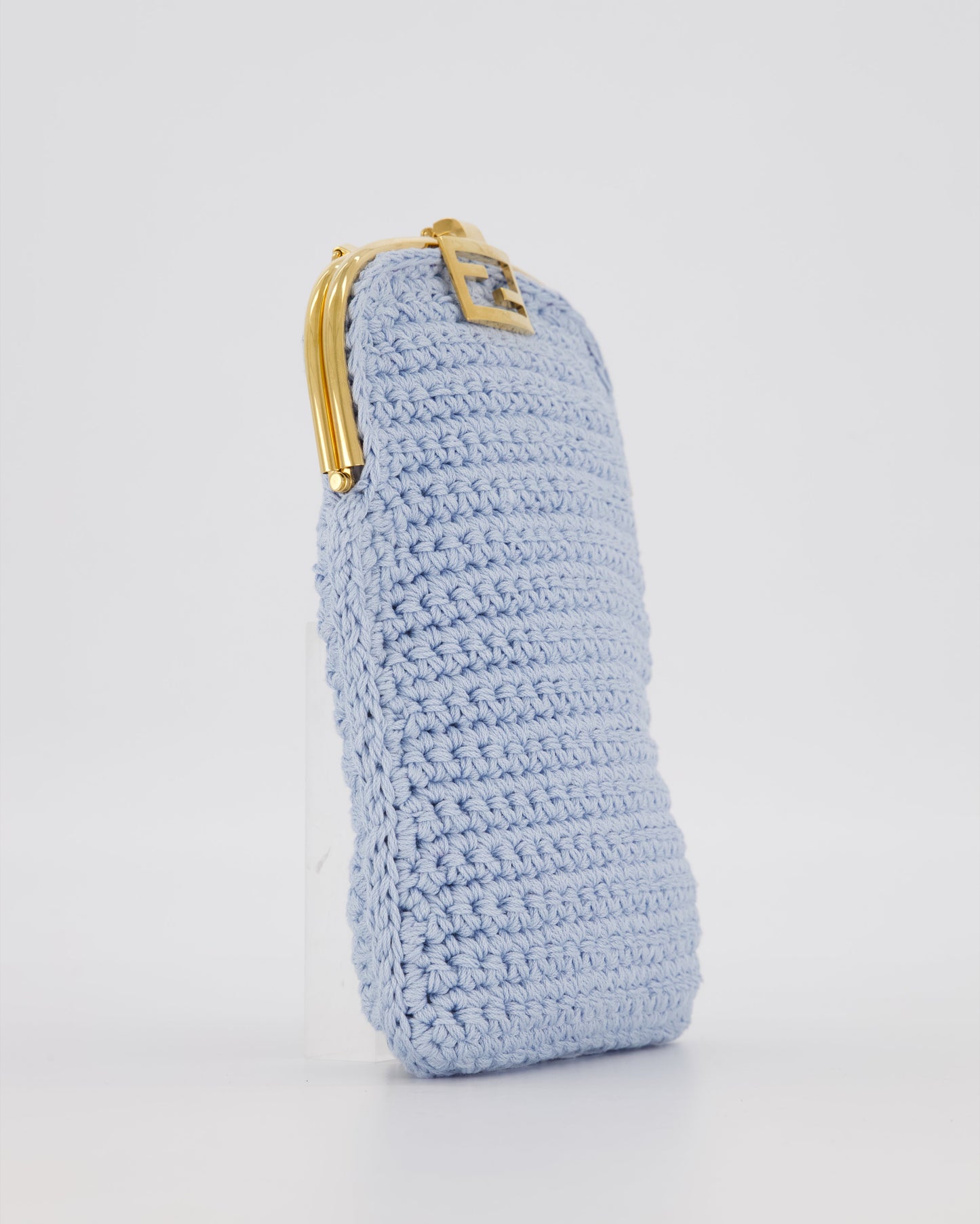 Fendi Sky Blue Baguette Phone Bag in Woven Crochet with Chain with Gold Hardware