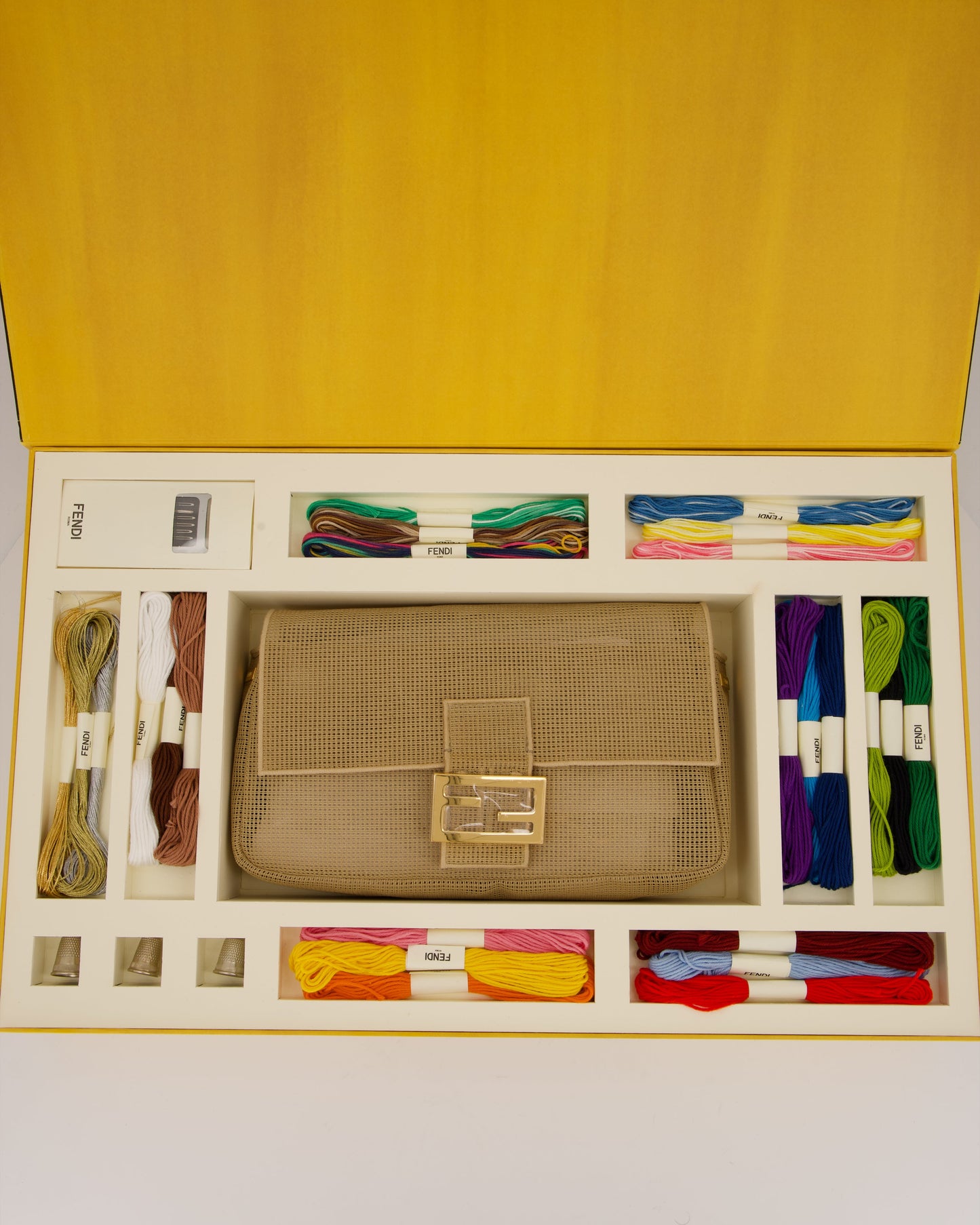 *LIMITED EDITION* Fendi Baguette Bag with Needlepoint Embroidery Kit in Perforated Cotton with Gold Hardware