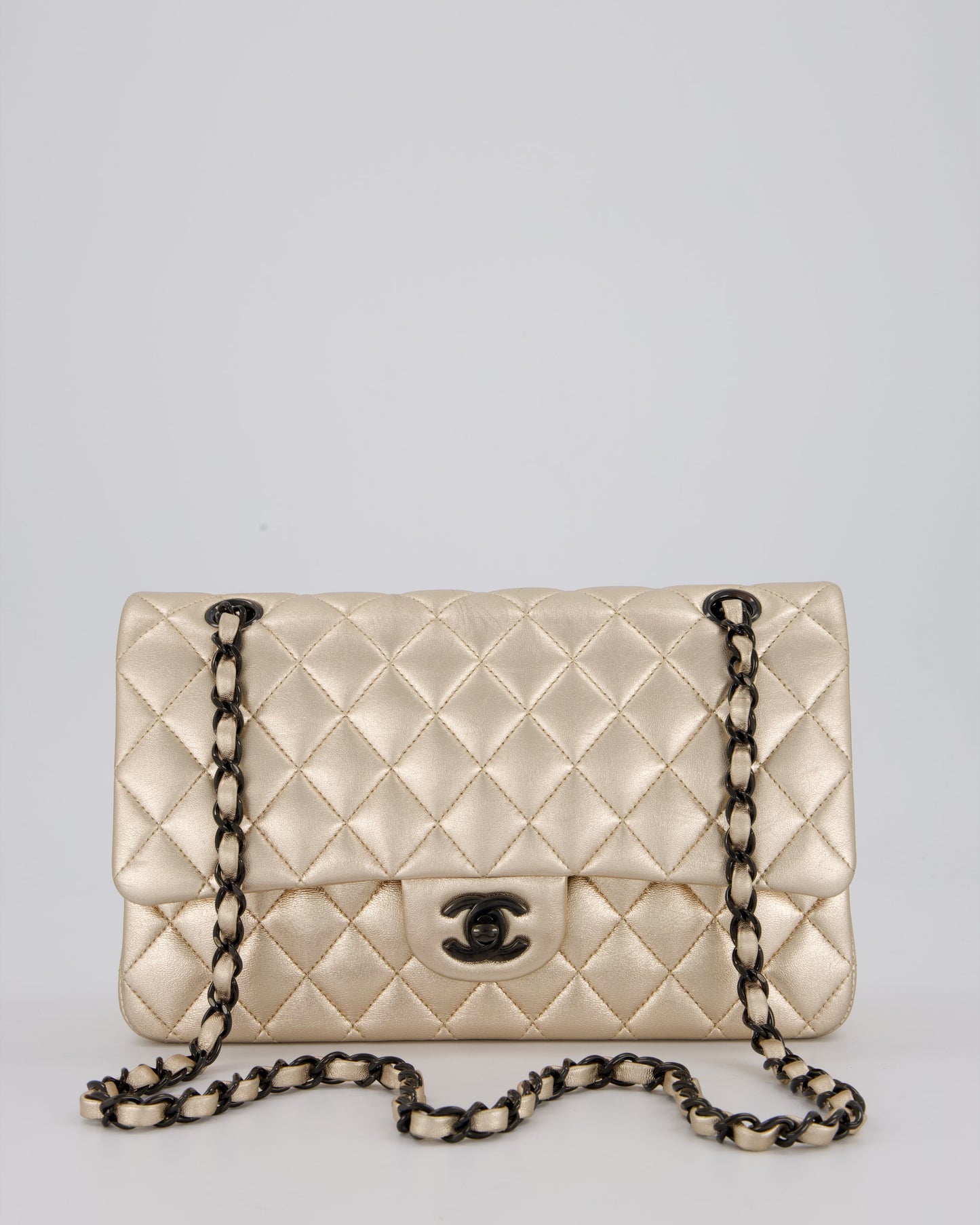 Chanel Metallic Gold Classic Medium Double Flap Bag in Lambskin Leather with Black contrasting Hardware