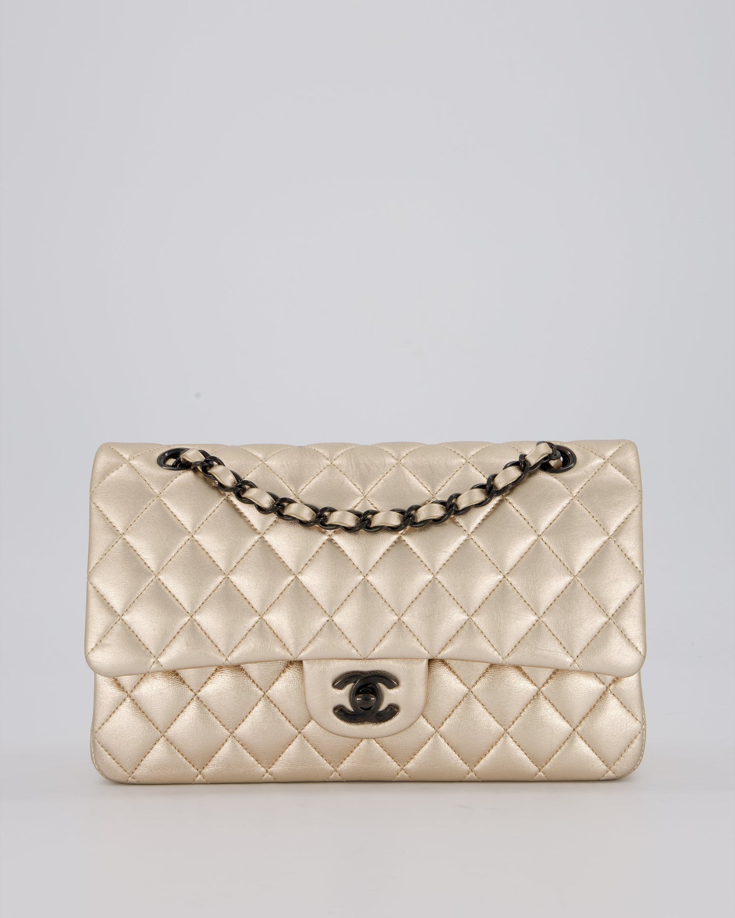Chanel Metallic Gold Classic Medium Double Flap Bag in Lambskin Leather with Black contrasting Hardware
