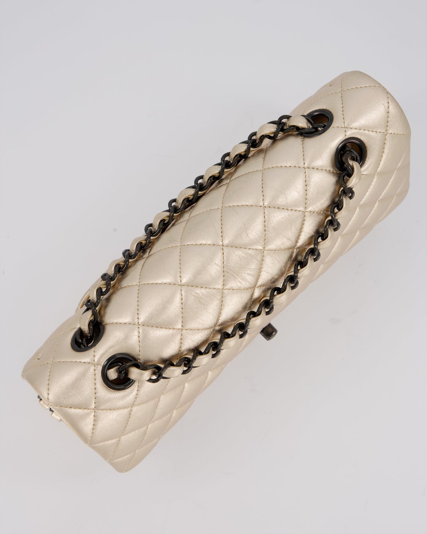 Chanel Metallic Gold Classic Medium Double Flap Bag in Lambskin Leather with Black contrasting Hardware