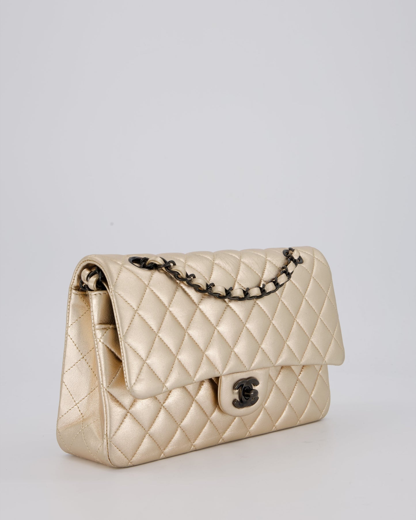 Chanel Metallic Gold Classic Medium Double Flap Bag in Lambskin Leather with Black contrasting Hardware