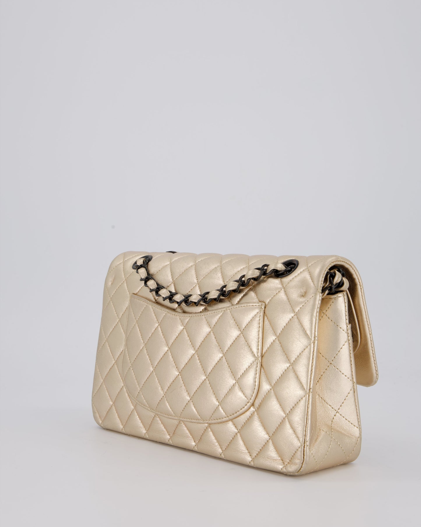 Chanel Metallic Gold Classic Medium Double Flap Bag in Lambskin Leather with Black contrasting Hardware