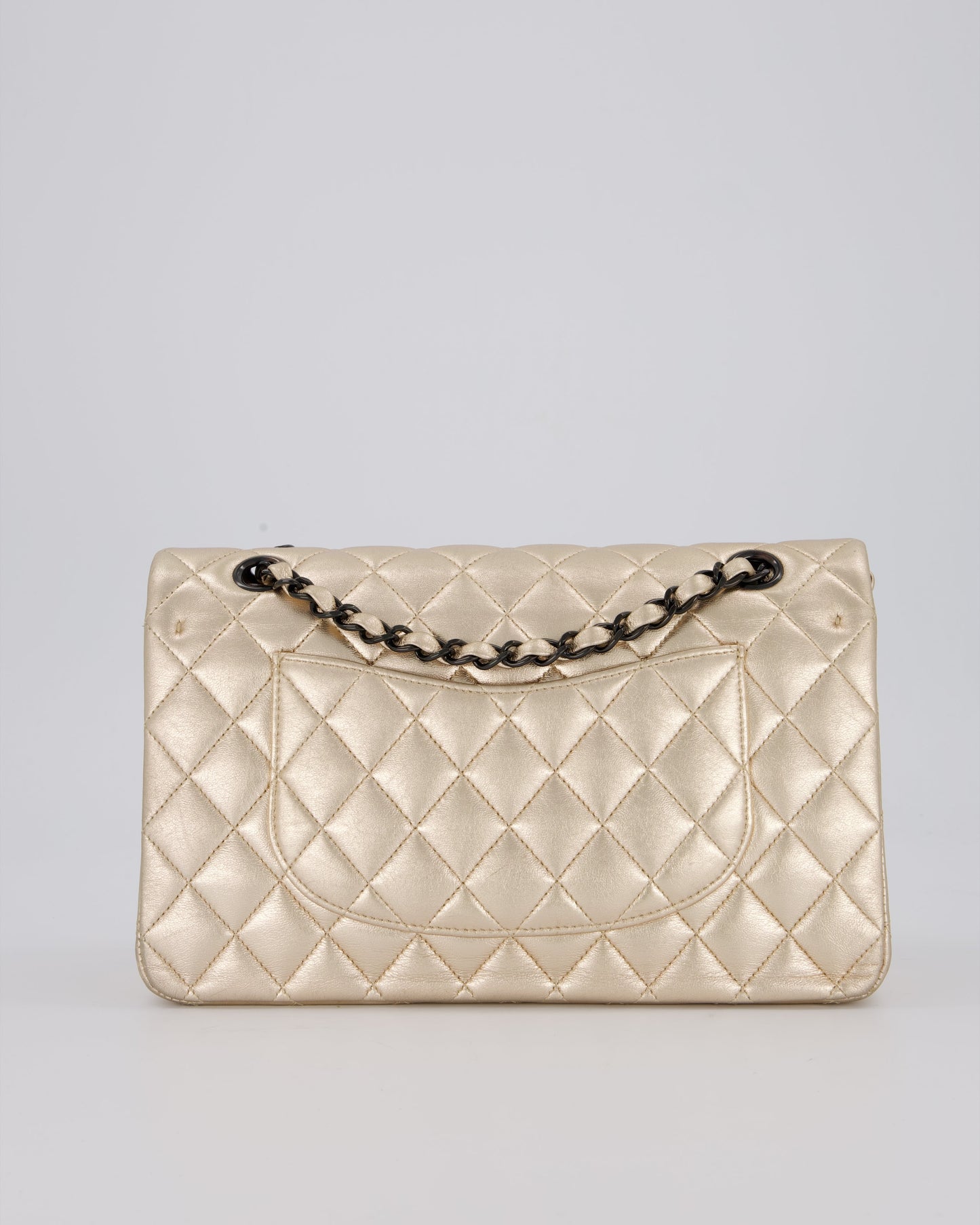 Chanel Metallic Gold Classic Medium Double Flap Bag in Lambskin Leather with Black contrasting Hardware