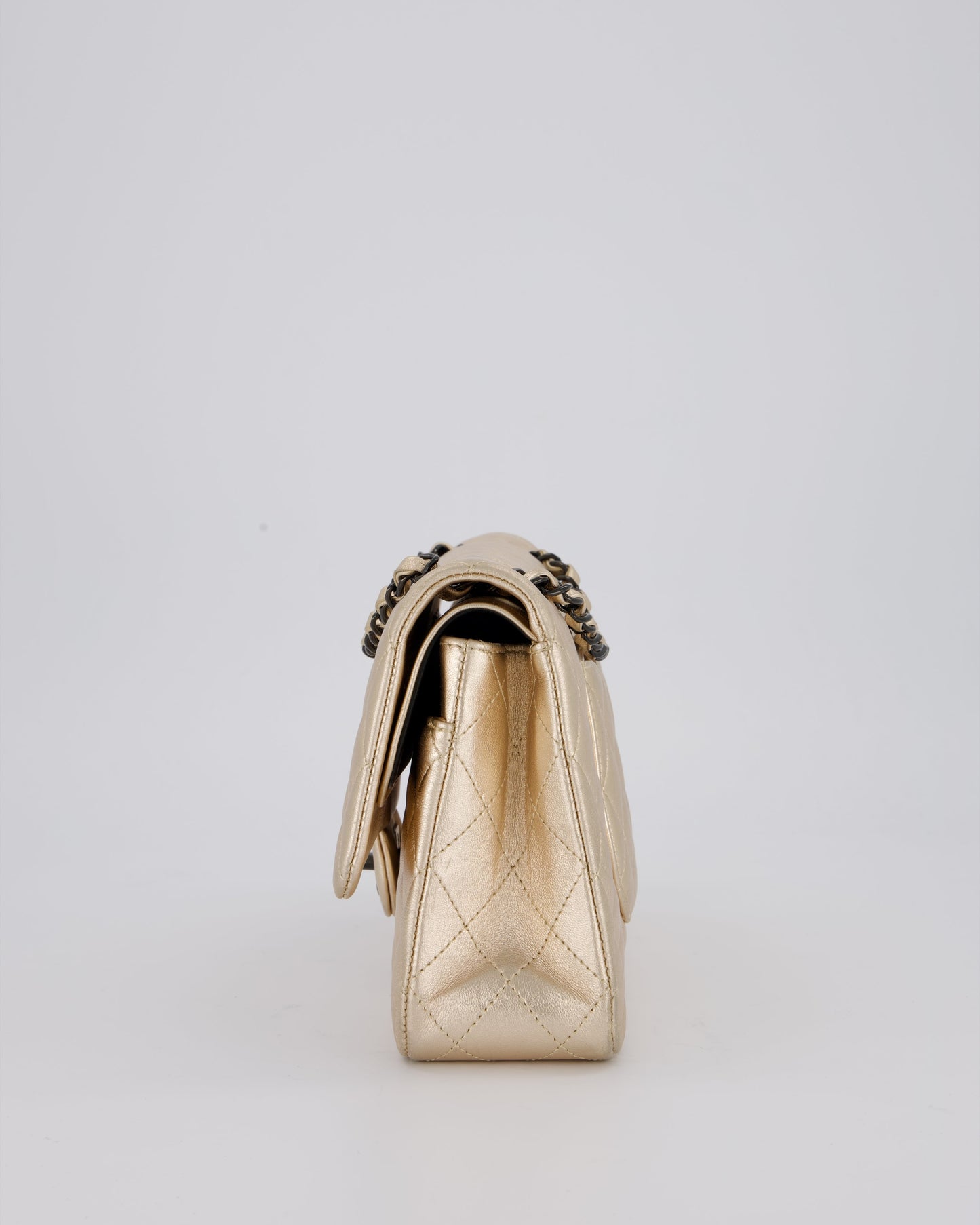Chanel Metallic Gold Classic Medium Double Flap Bag in Lambskin Leather with Black contrasting Hardware