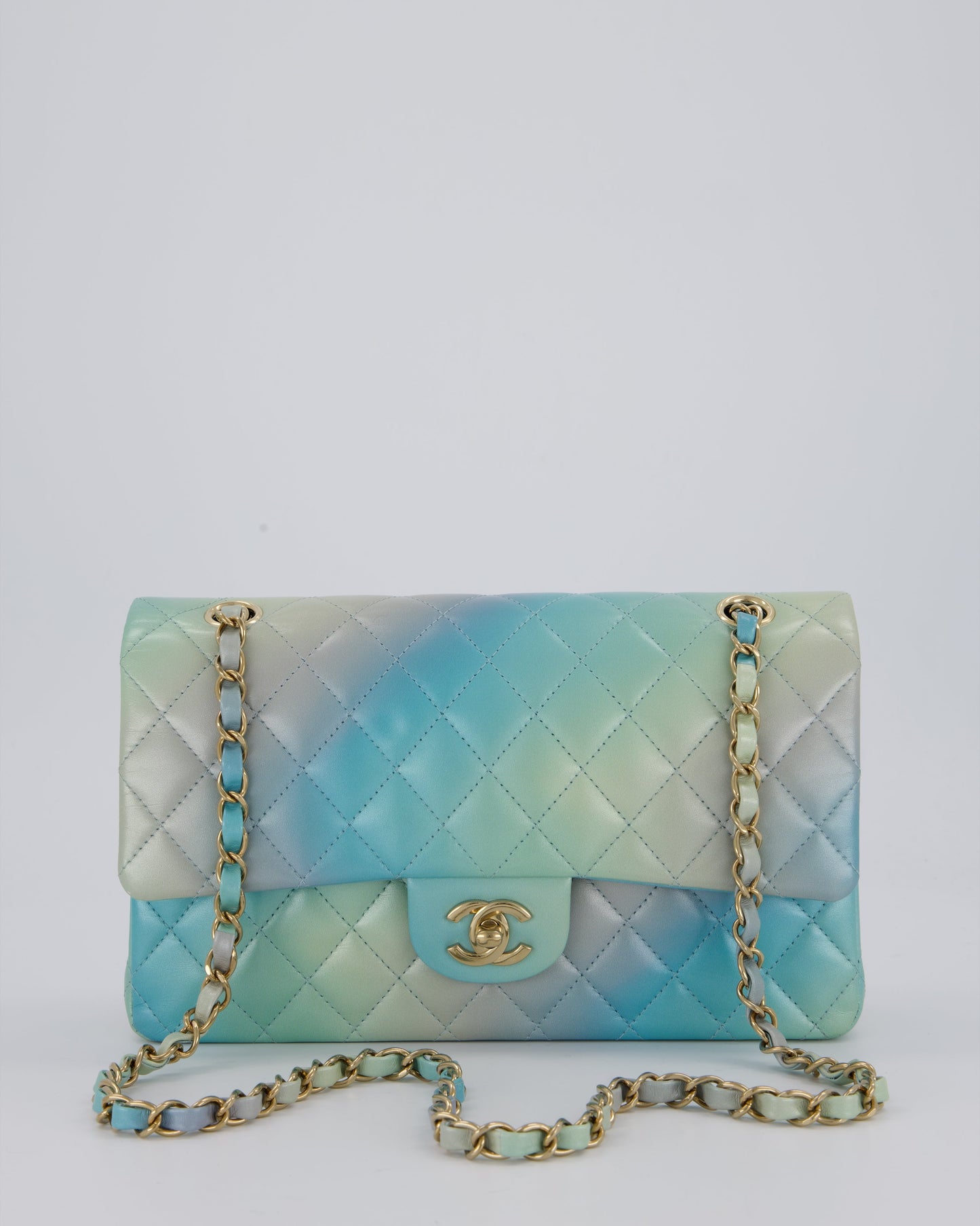 Chanel Blue, Yellow and Pink Iridescent Ombre Classic Medium Double Flap Bag in Lambskin with Champagne Gold hardware
