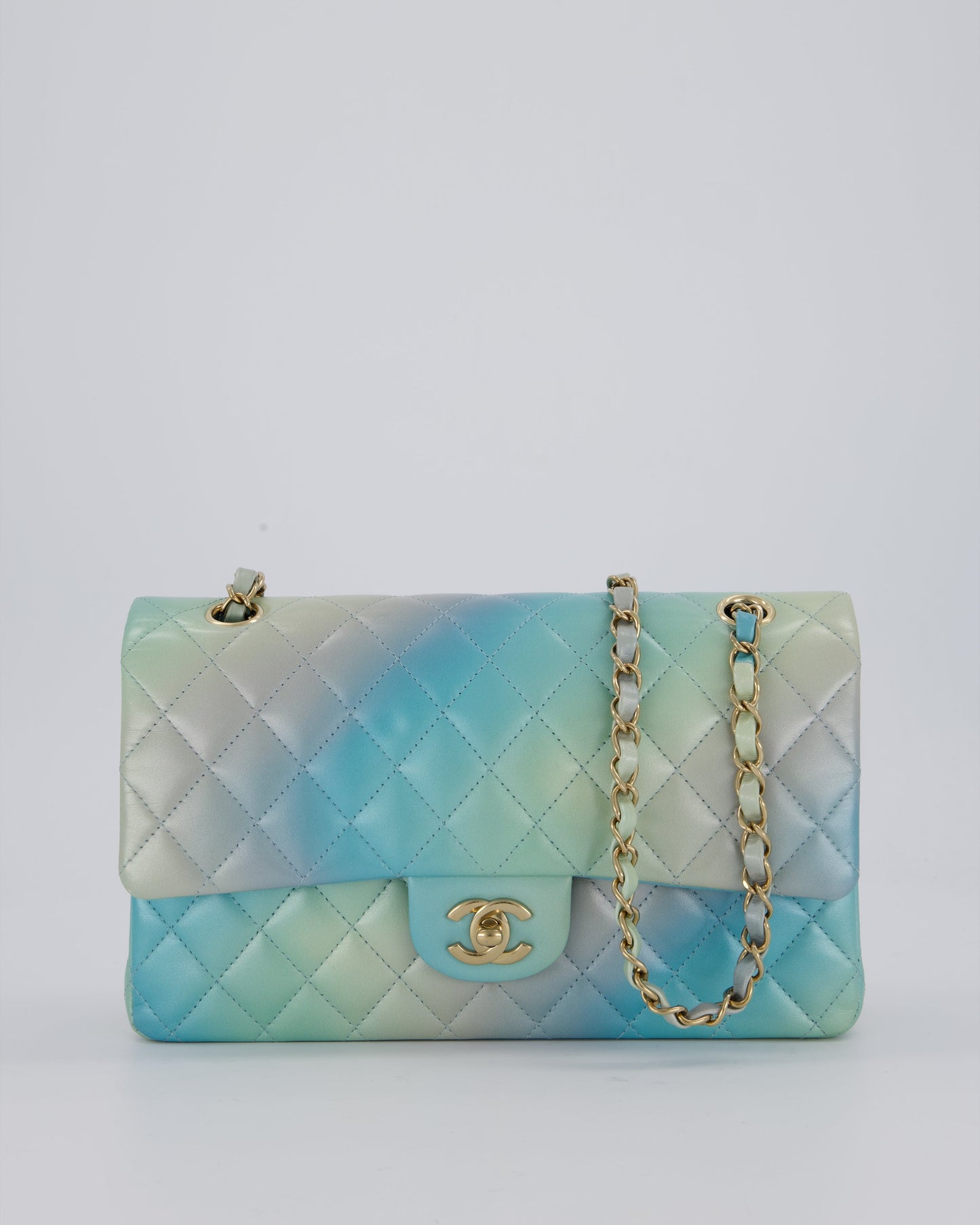 Chanel Blue, Yellow and Pink Iridescent Ombre Classic Medium Double Flap Bag in Lambskin with Champagne Gold hardware