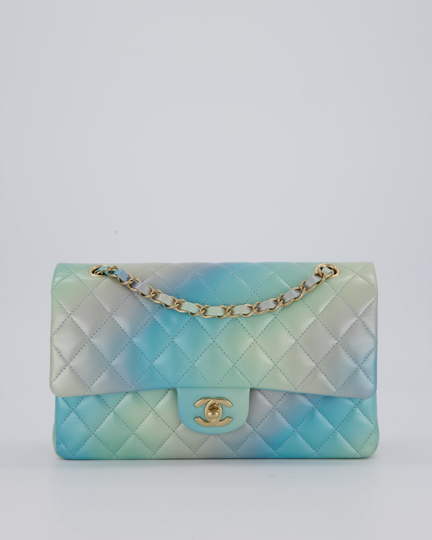 Chanel Blue, Yellow and Pink Iridescent Ombre Classic Medium Double Flap Bag in Lambskin with Champagne Gold hardware