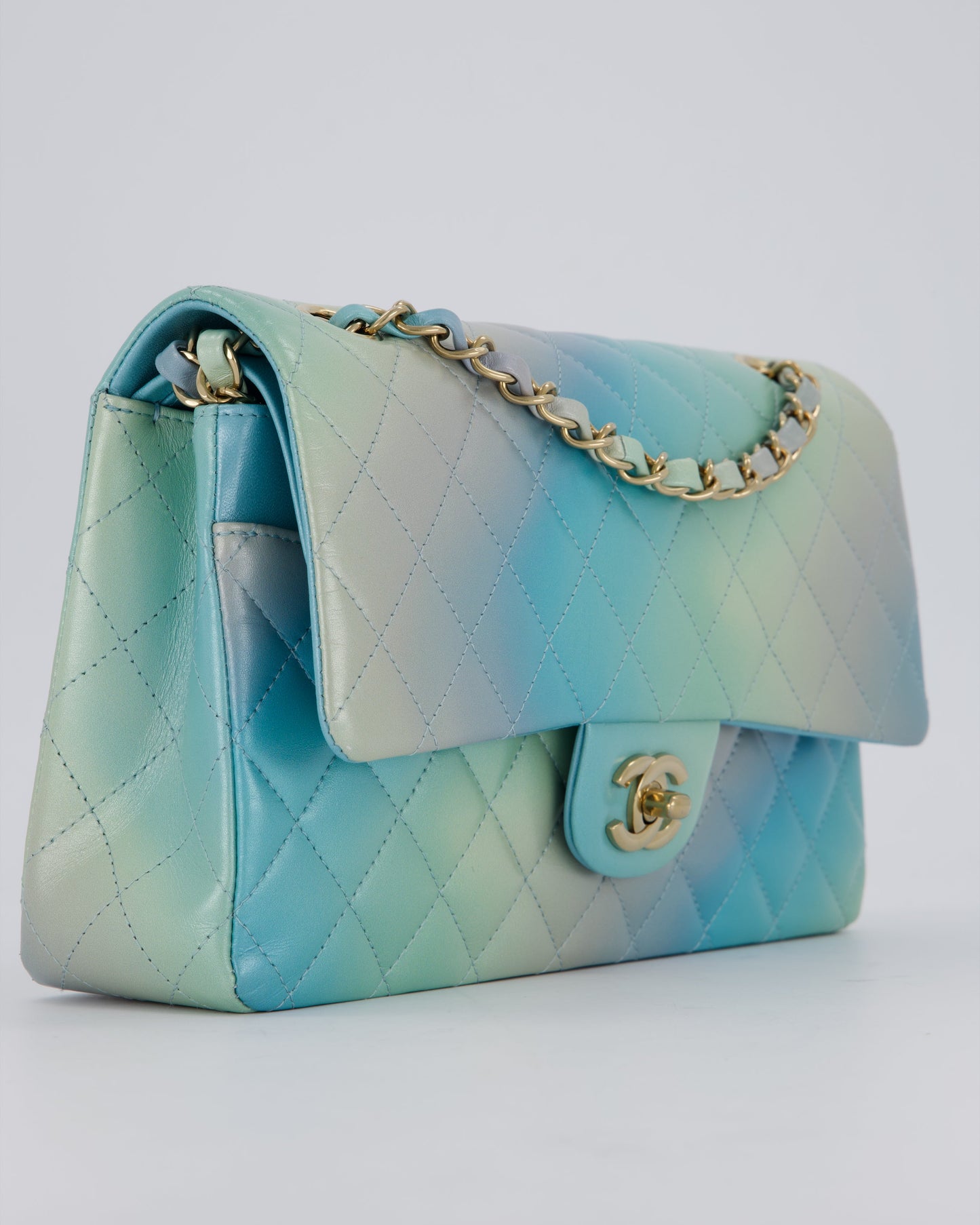 Chanel Blue, Yellow and Pink Iridescent Ombre Classic Medium Double Flap Bag in Lambskin with Champagne Gold hardware