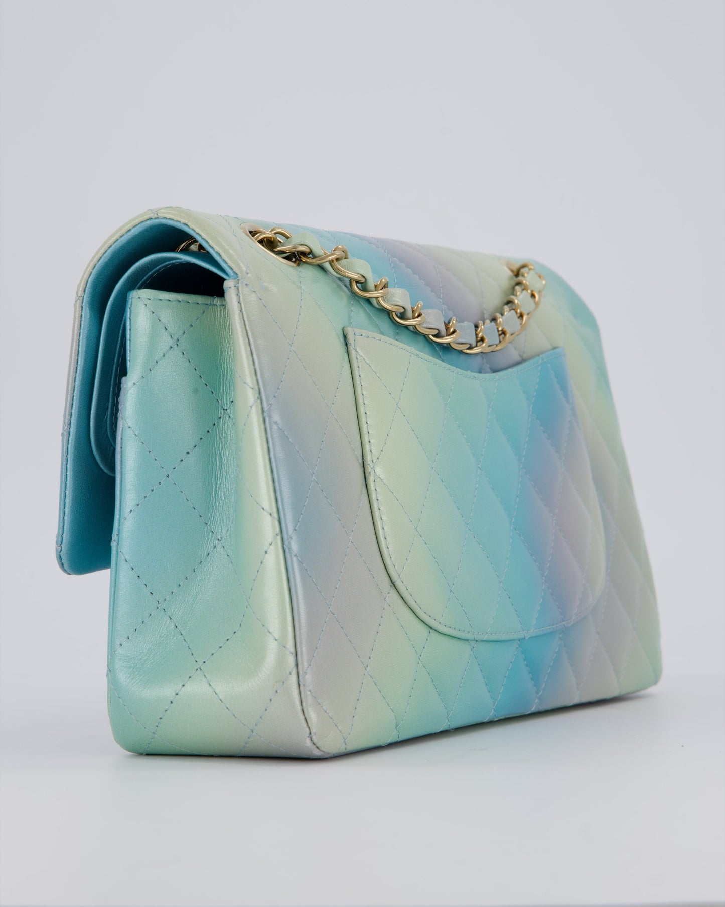 Chanel Blue, Yellow and Pink Iridescent Ombre Classic Medium Double Flap Bag in Lambskin with Champagne Gold hardware
