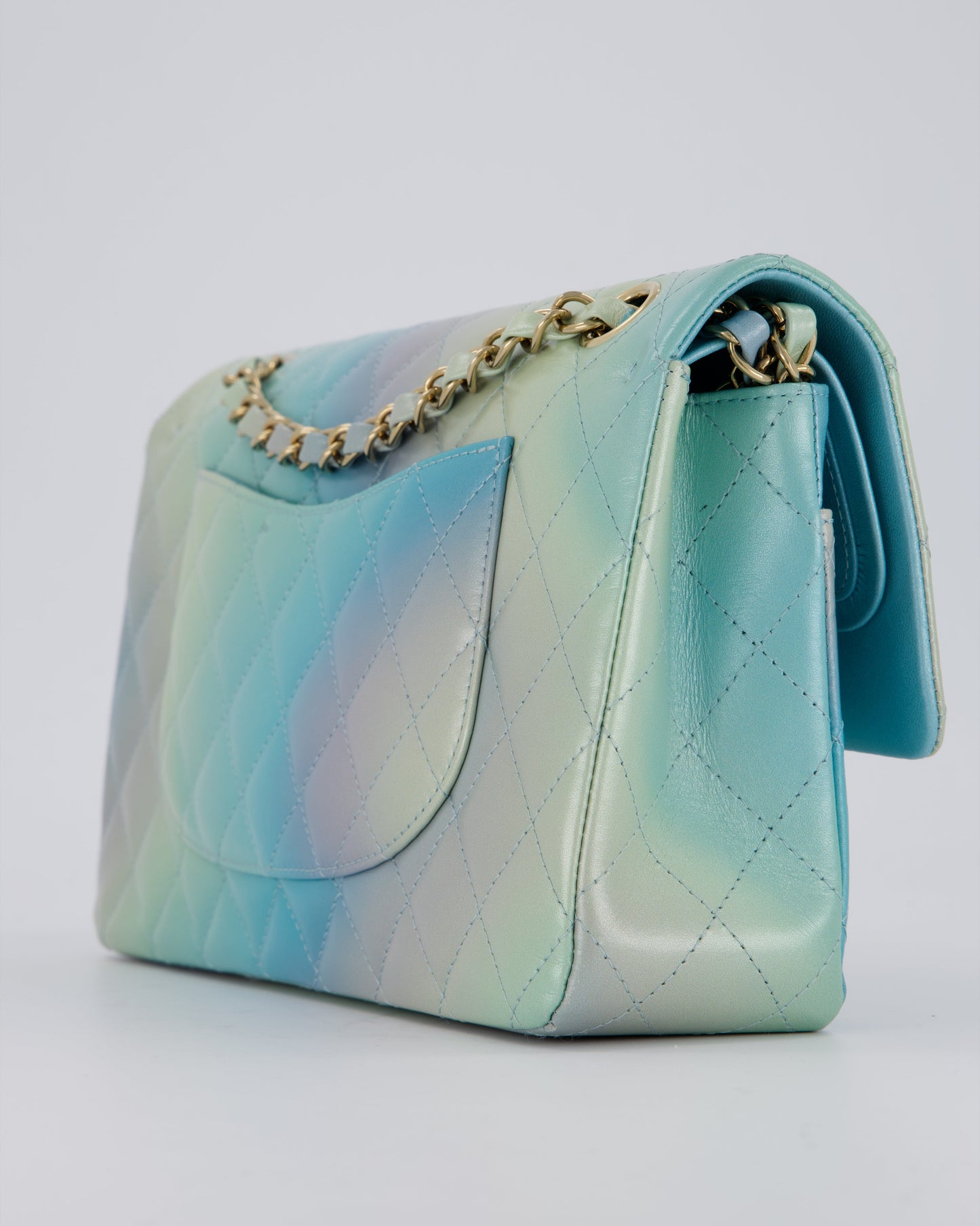 Chanel Blue, Yellow and Pink Iridescent Ombre Classic Medium Double Flap Bag in Lambskin with Champagne Gold hardware