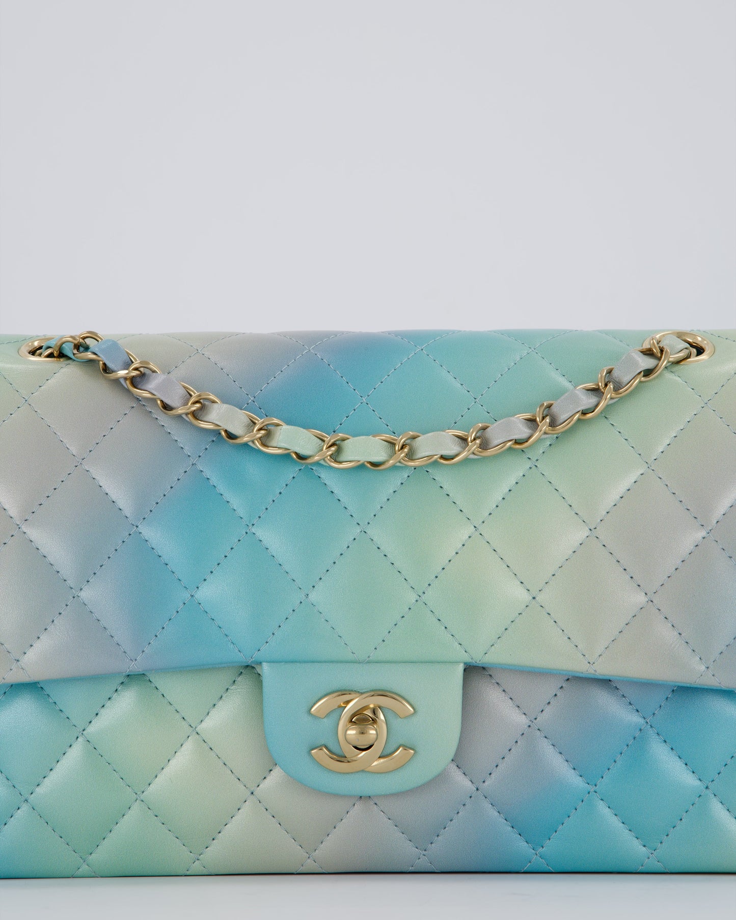 Chanel Blue, Yellow and Pink Iridescent Ombre Classic Medium Double Flap Bag in Lambskin with Champagne Gold hardware