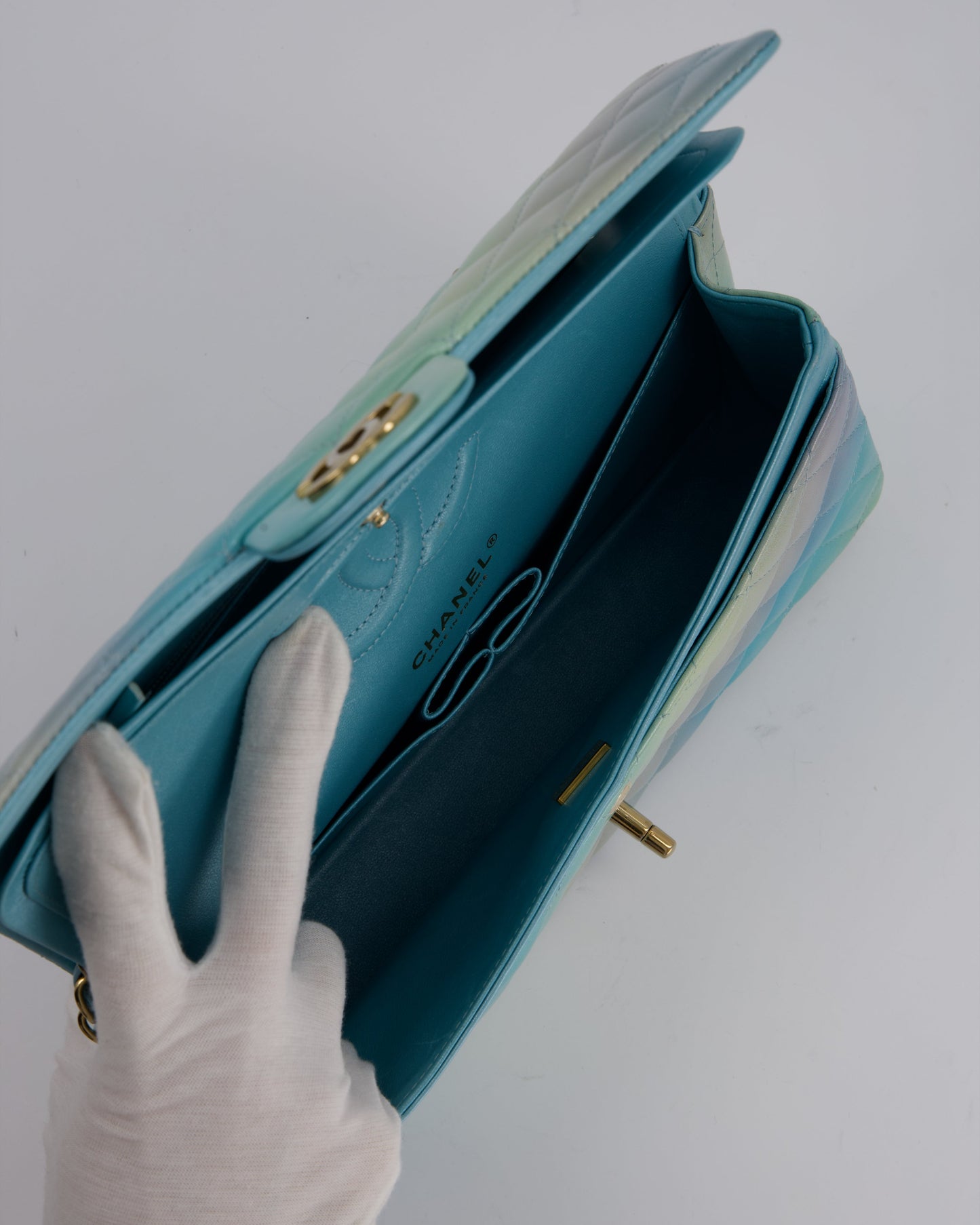 Chanel Blue, Yellow and Pink Iridescent Ombre Classic Medium Double Flap Bag in Lambskin with Champagne Gold hardware