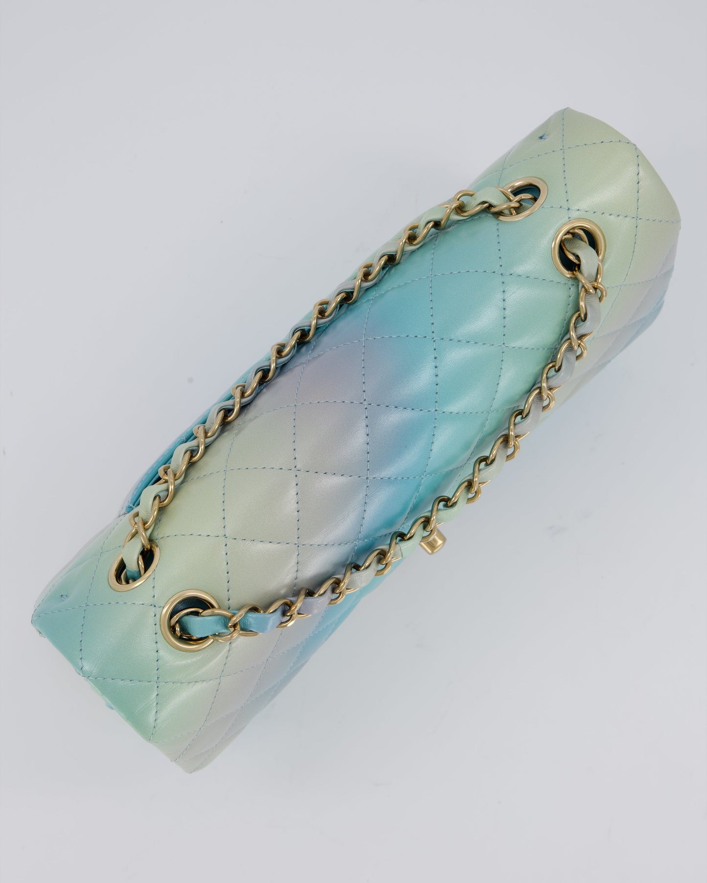 Chanel Blue, Yellow and Pink Iridescent Ombre Classic Medium Double Flap Bag in Lambskin with Champagne Gold hardware
