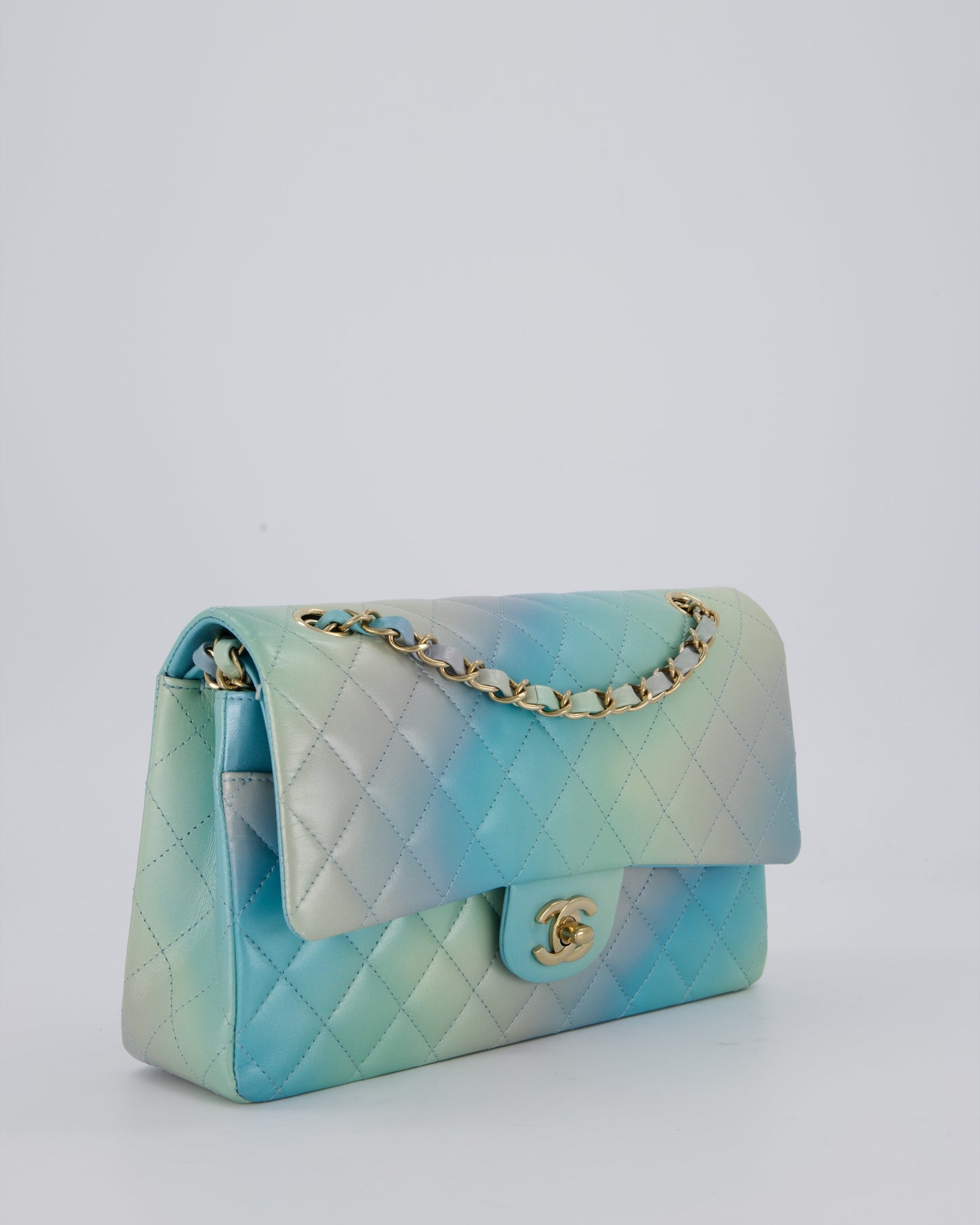 Chanel Blue, Yellow and Pink Iridescent Ombre Classic Medium Double Flap Bag in Lambskin with Champagne Gold hardware