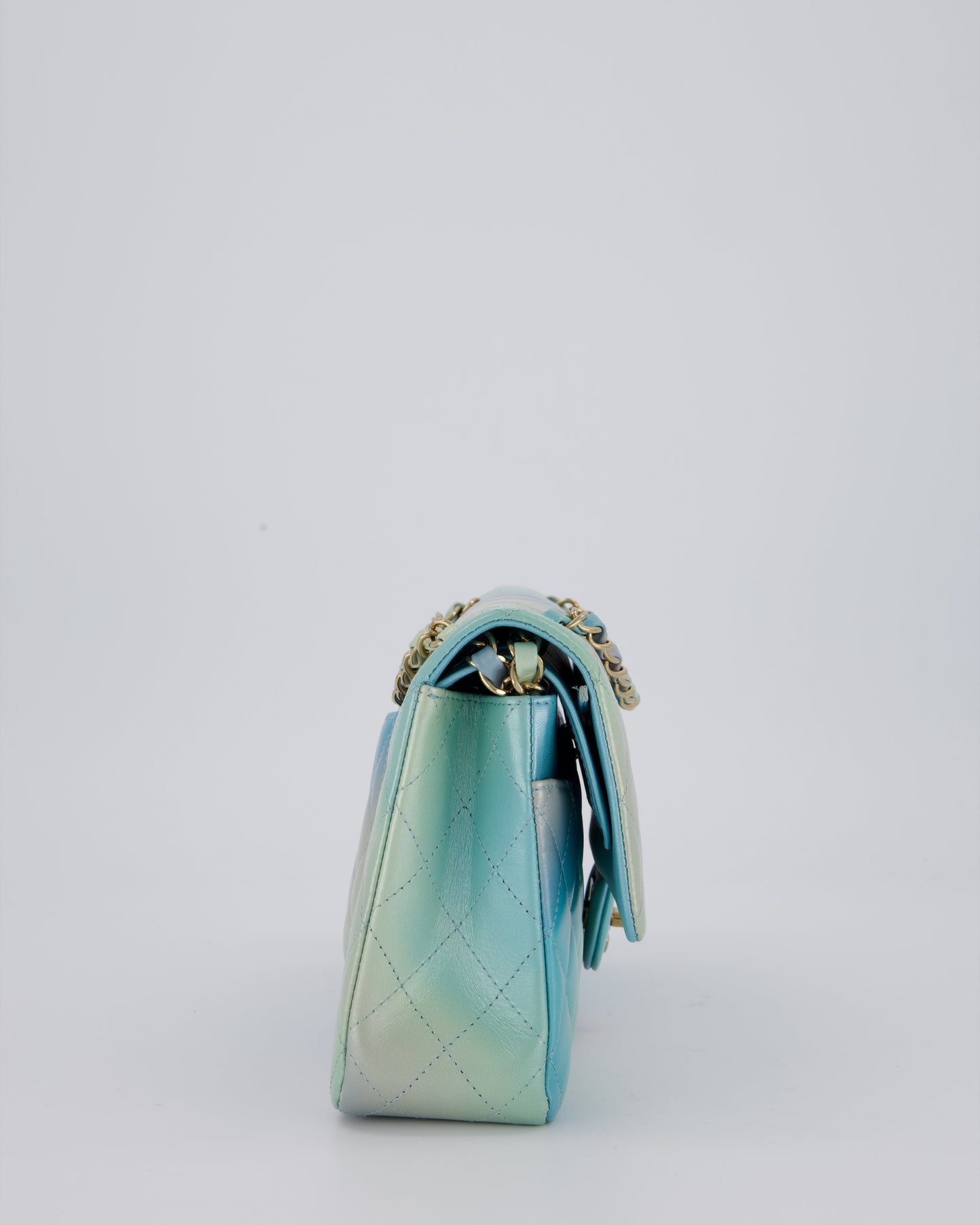 Chanel Blue, Yellow and Pink Iridescent Ombre Classic Medium Double Flap Bag in Lambskin with Champagne Gold hardware
