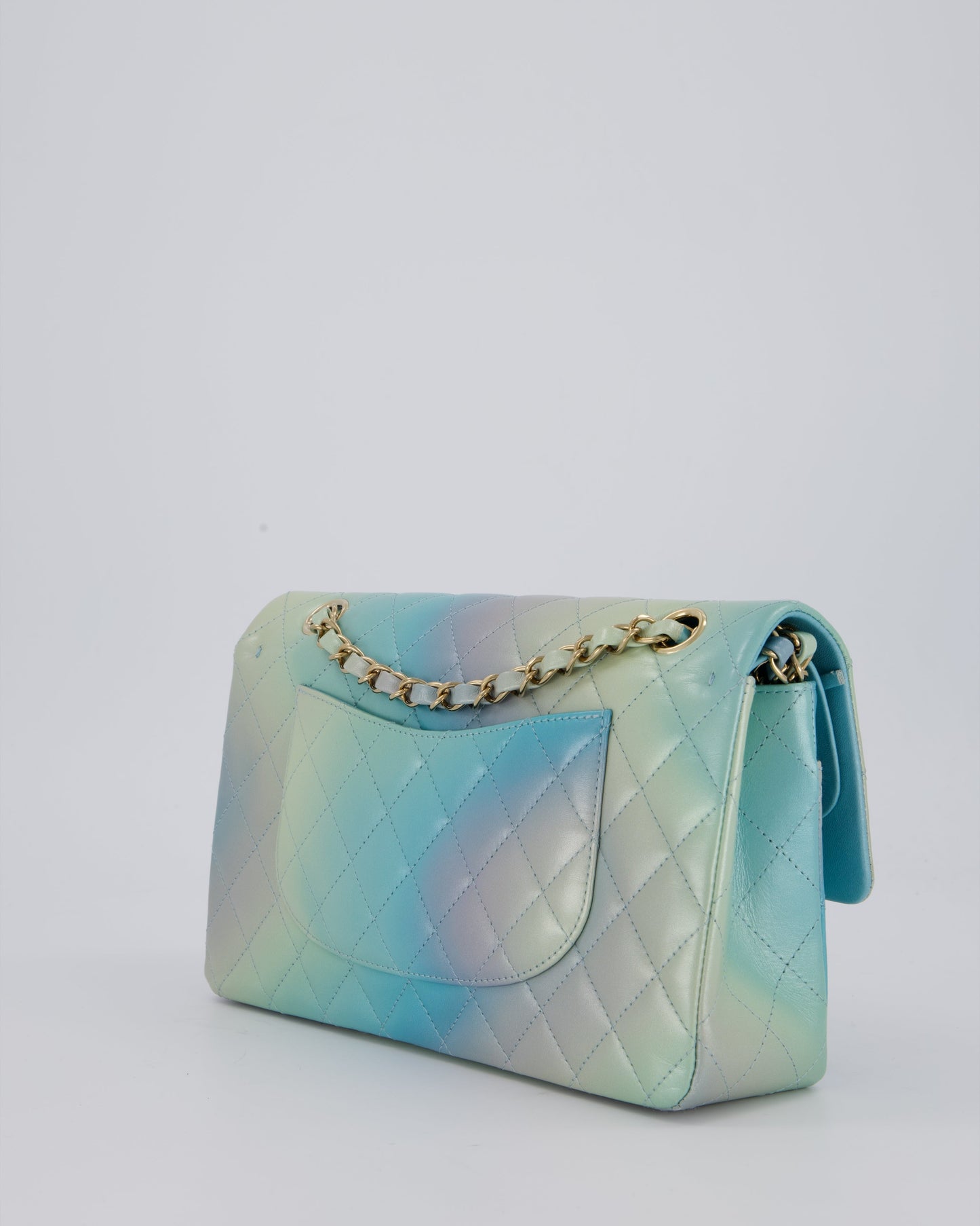 Chanel Blue, Yellow and Pink Iridescent Ombre Classic Medium Double Flap Bag in Lambskin with Champagne Gold hardware