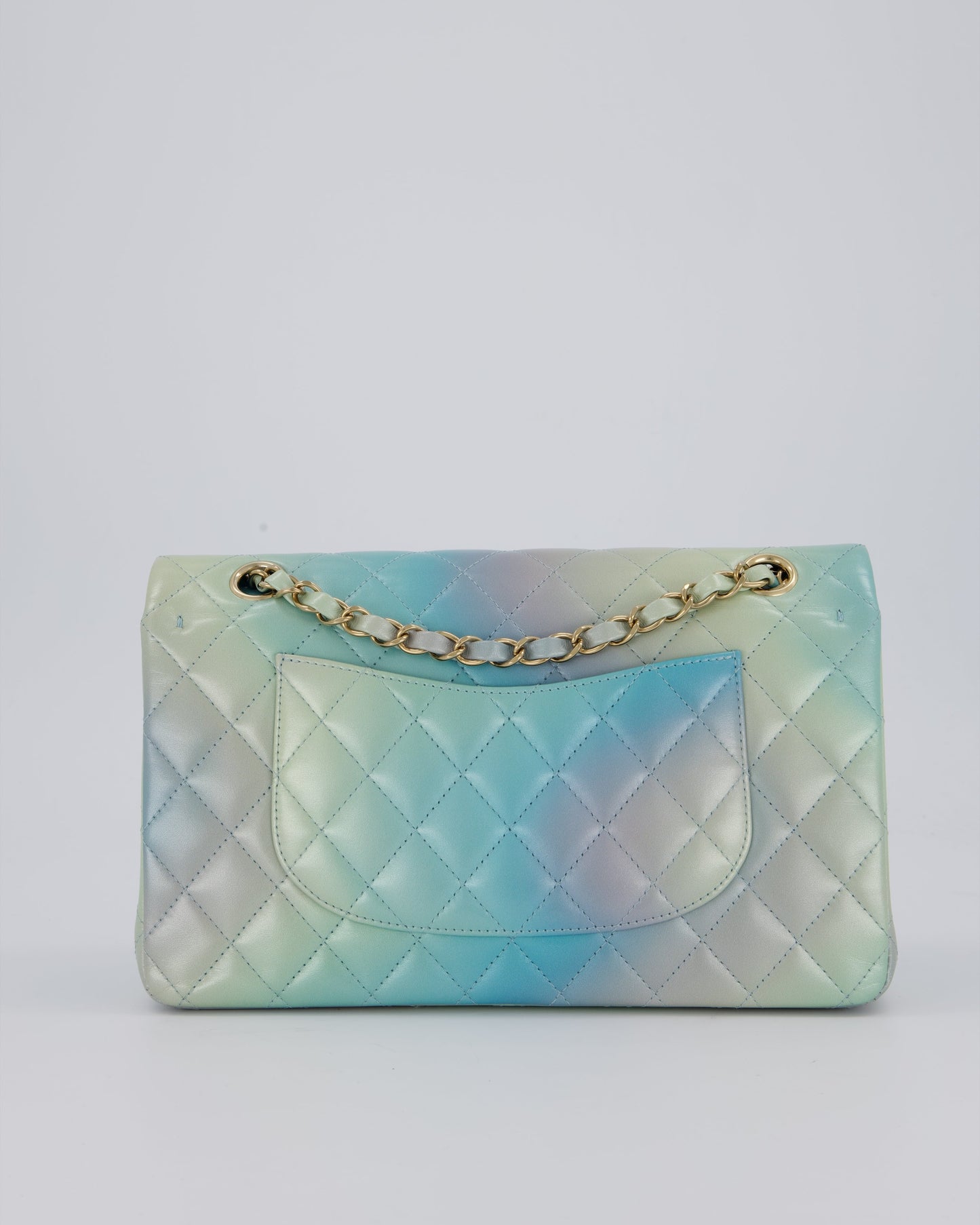Chanel Blue, Yellow and Pink Iridescent Ombre Classic Medium Double Flap Bag in Lambskin with Champagne Gold hardware