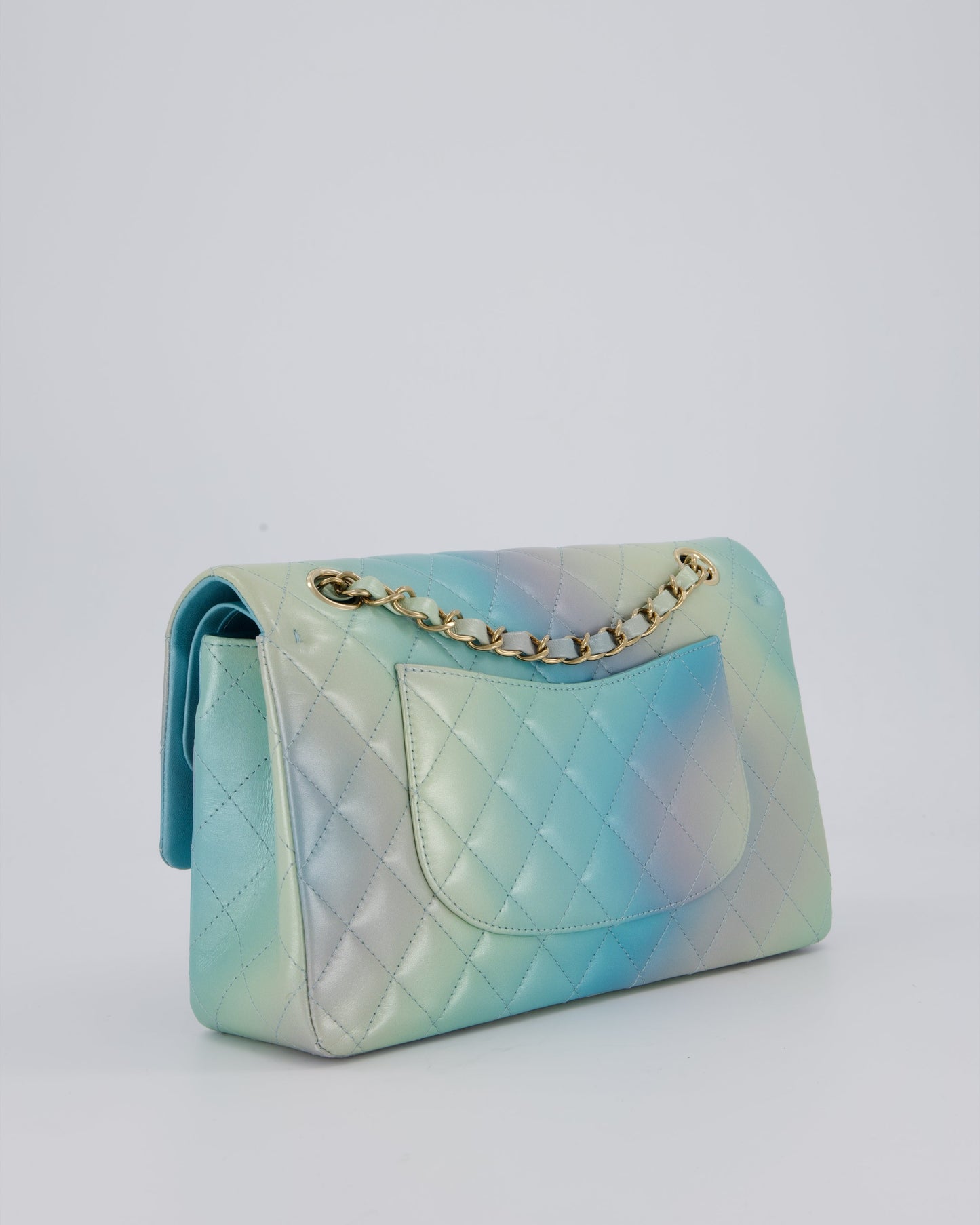 Chanel Blue, Yellow and Pink Iridescent Ombre Classic Medium Double Flap Bag in Lambskin with Champagne Gold hardware