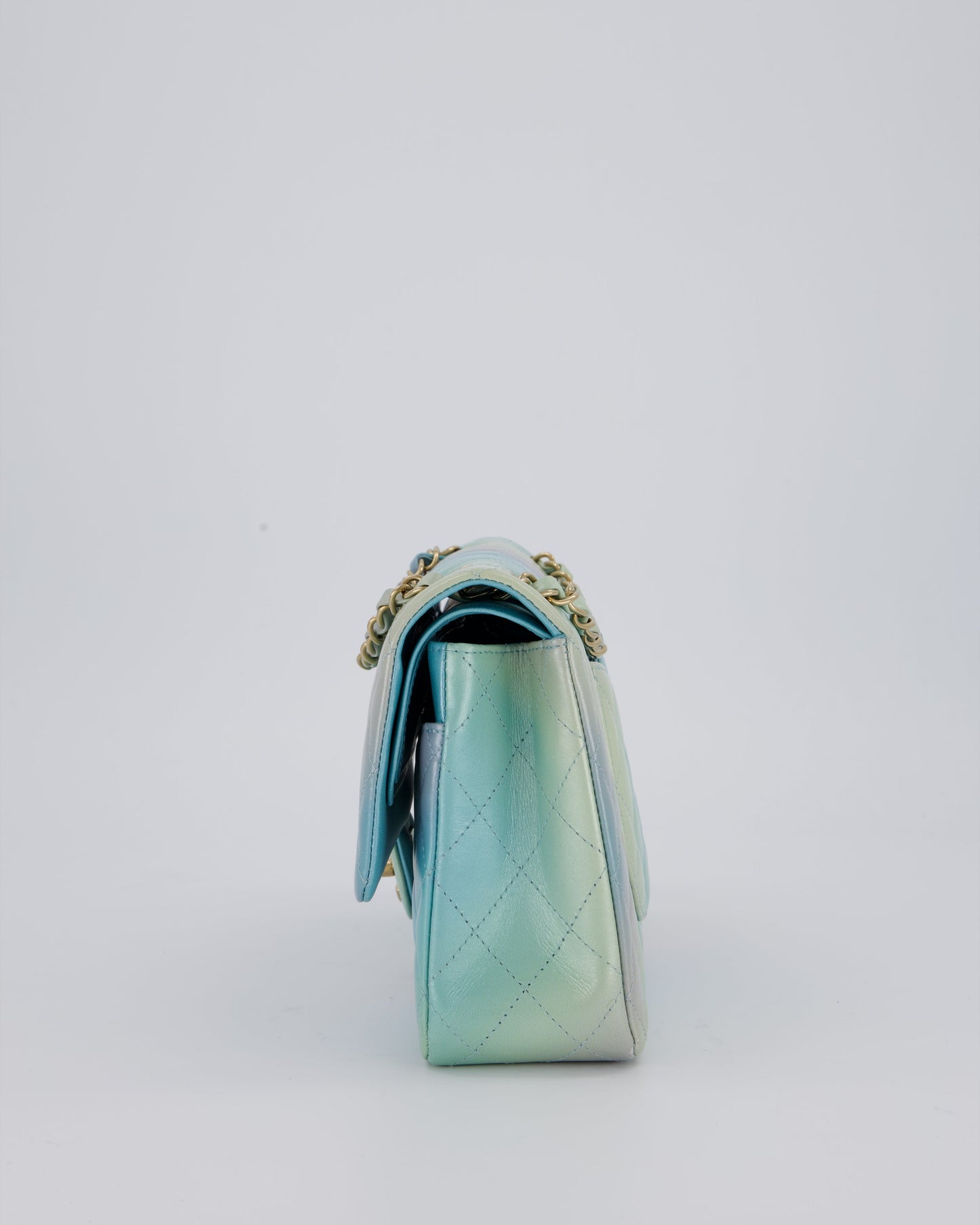 Chanel Blue, Yellow and Pink Iridescent Ombre Classic Medium Double Flap Bag in Lambskin with Champagne Gold hardware