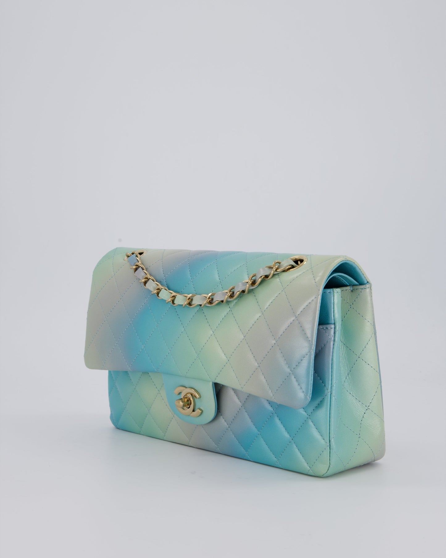 Chanel Blue, Yellow and Pink Iridescent Ombre Classic Medium Double Flap Bag in Lambskin with Champagne Gold hardware