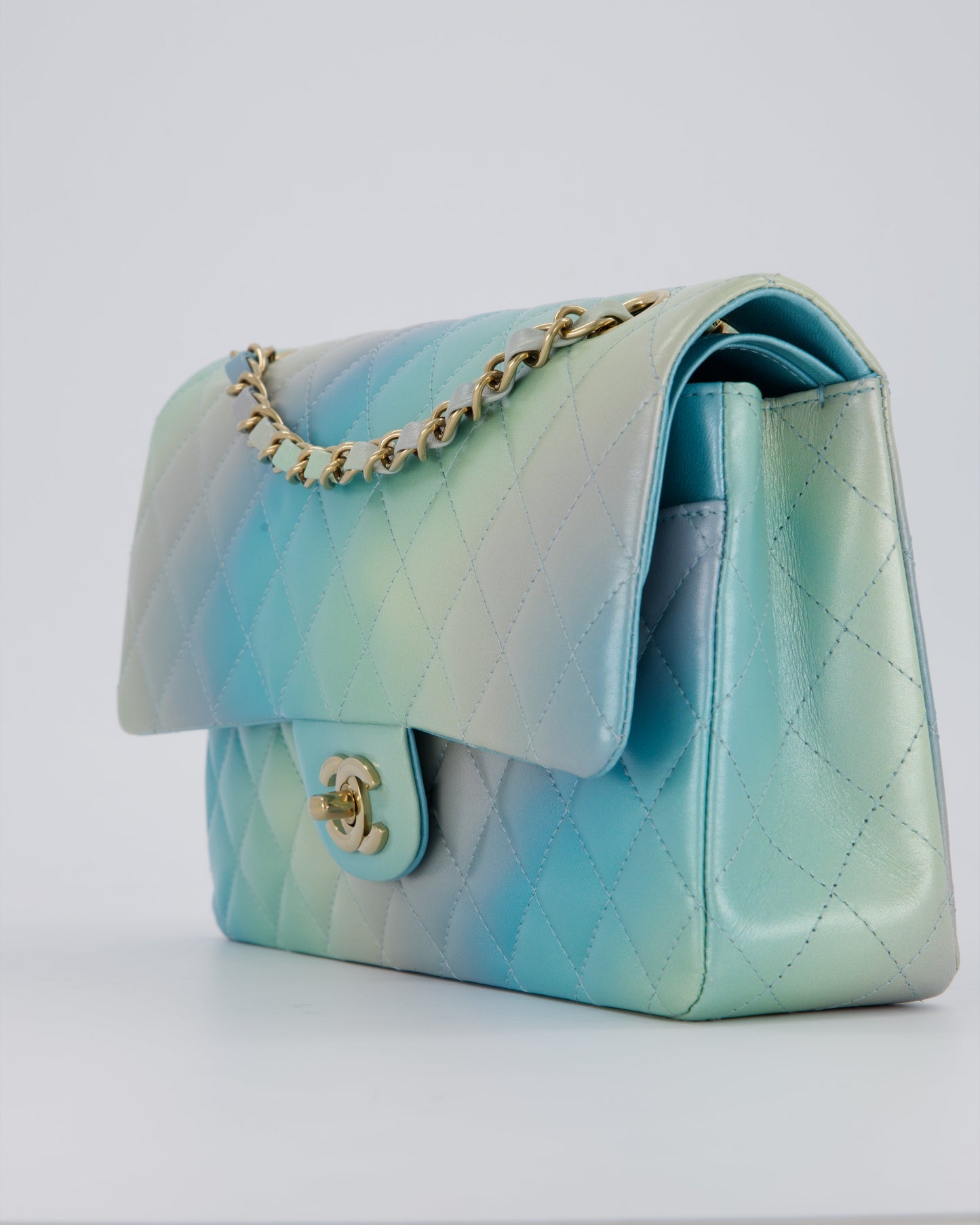 Chanel Blue, Yellow and Pink Iridescent Ombre Classic Medium Double Flap Bag in Lambskin with Champagne Gold hardware