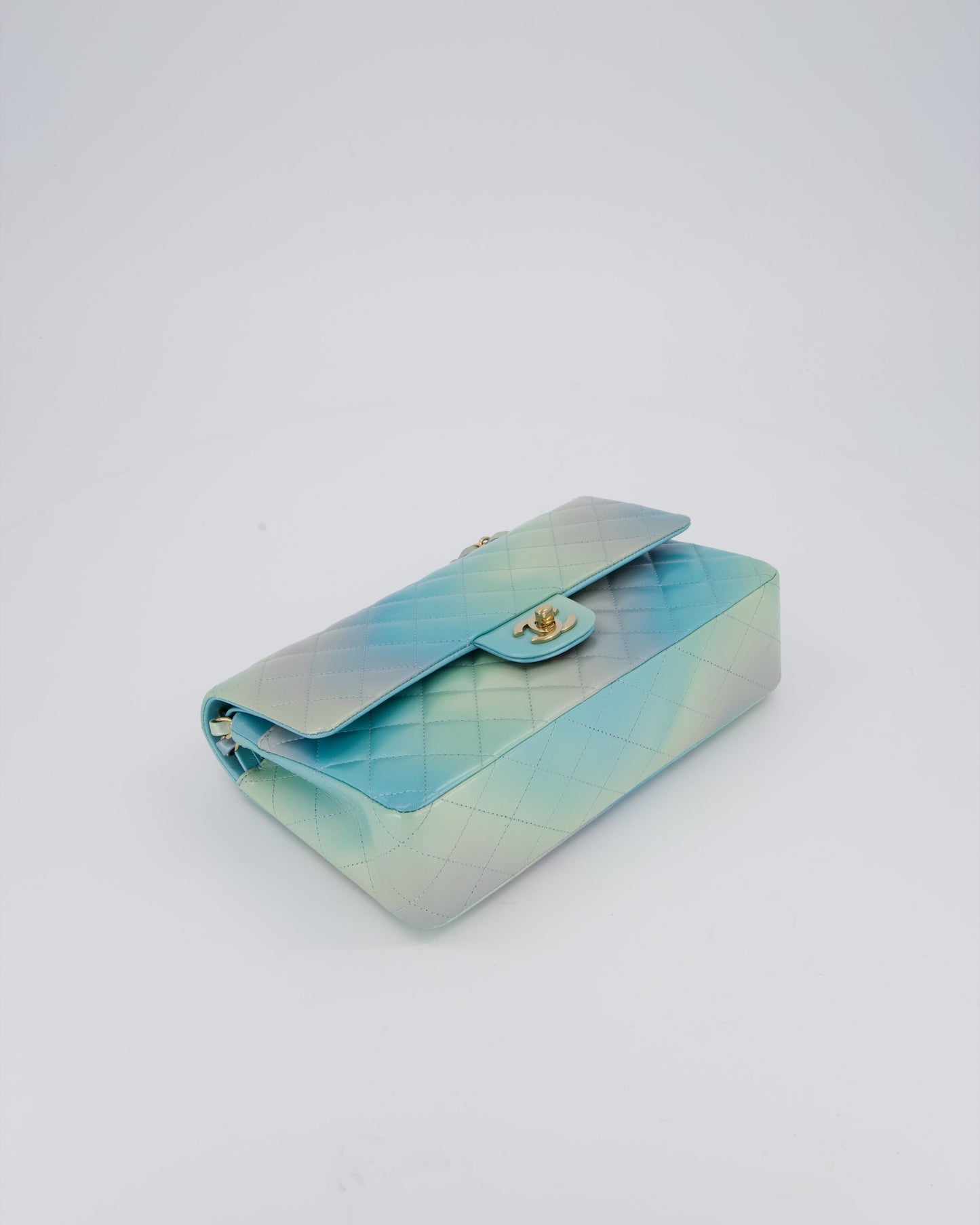 Chanel Blue, Yellow and Pink Iridescent Ombre Classic Medium Double Flap Bag in Lambskin with Champagne Gold hardware