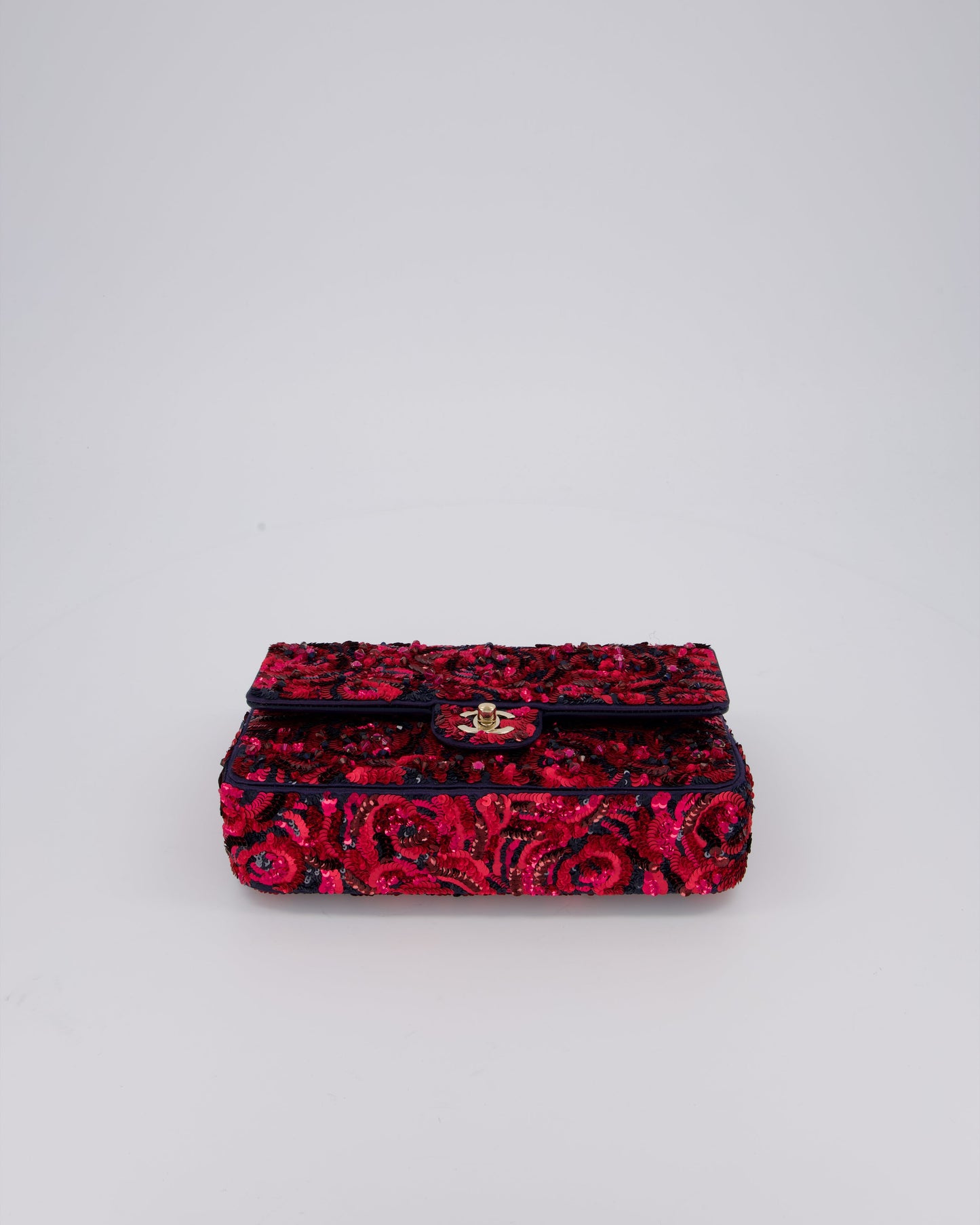 Chanel 21F/W Pink and Burgundy Sequin Embroidered Classic Medium Double Flap in Satin with Champagne Hardware
