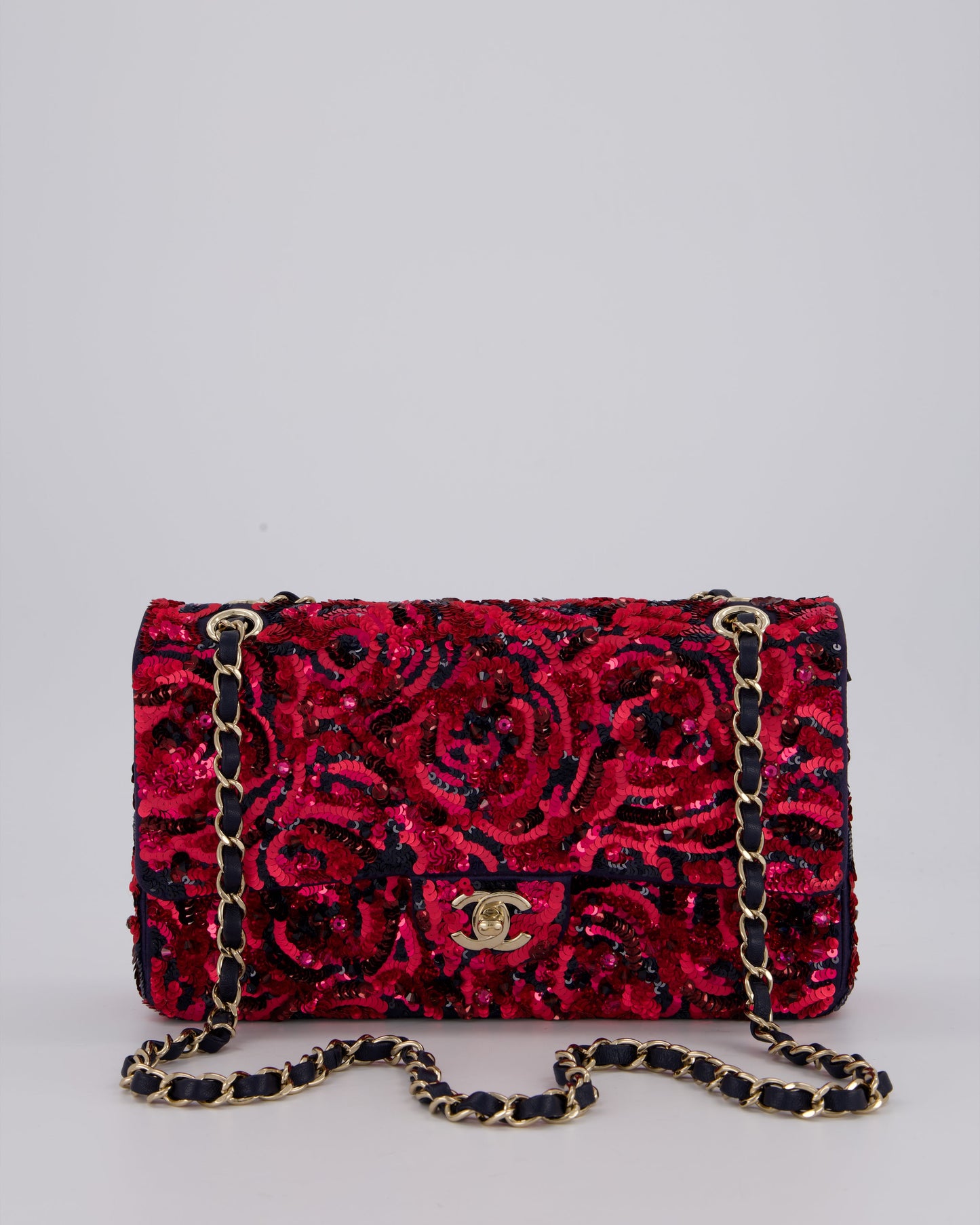 Chanel 21F/W Pink and Burgundy Sequin Embroidered Classic Medium Double Flap in Satin with Champagne Hardware