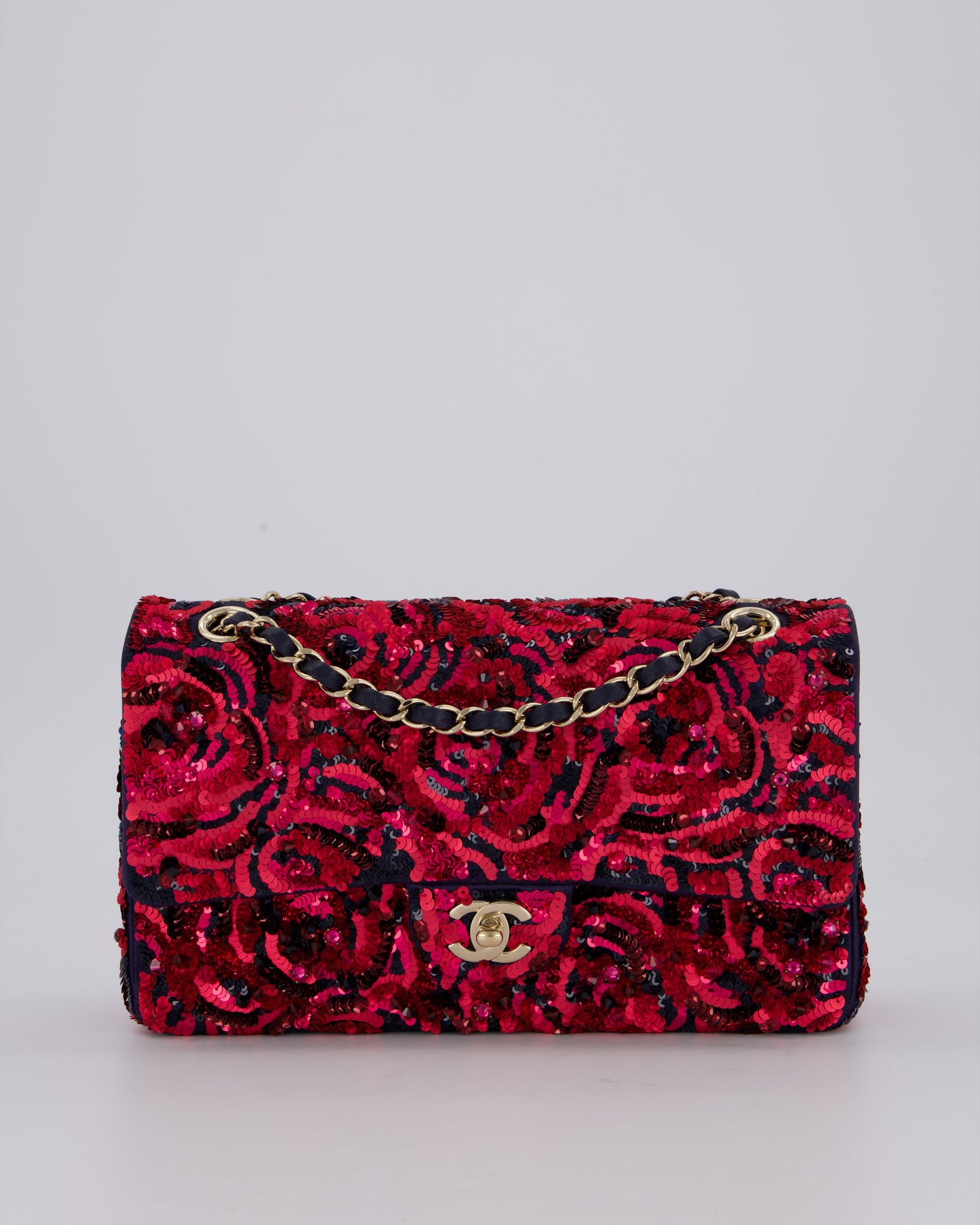 Chanel 21F/W Pink and Burgundy Sequin Embroidered Classic Medium Double Flap in Satin with Champagne Hardware