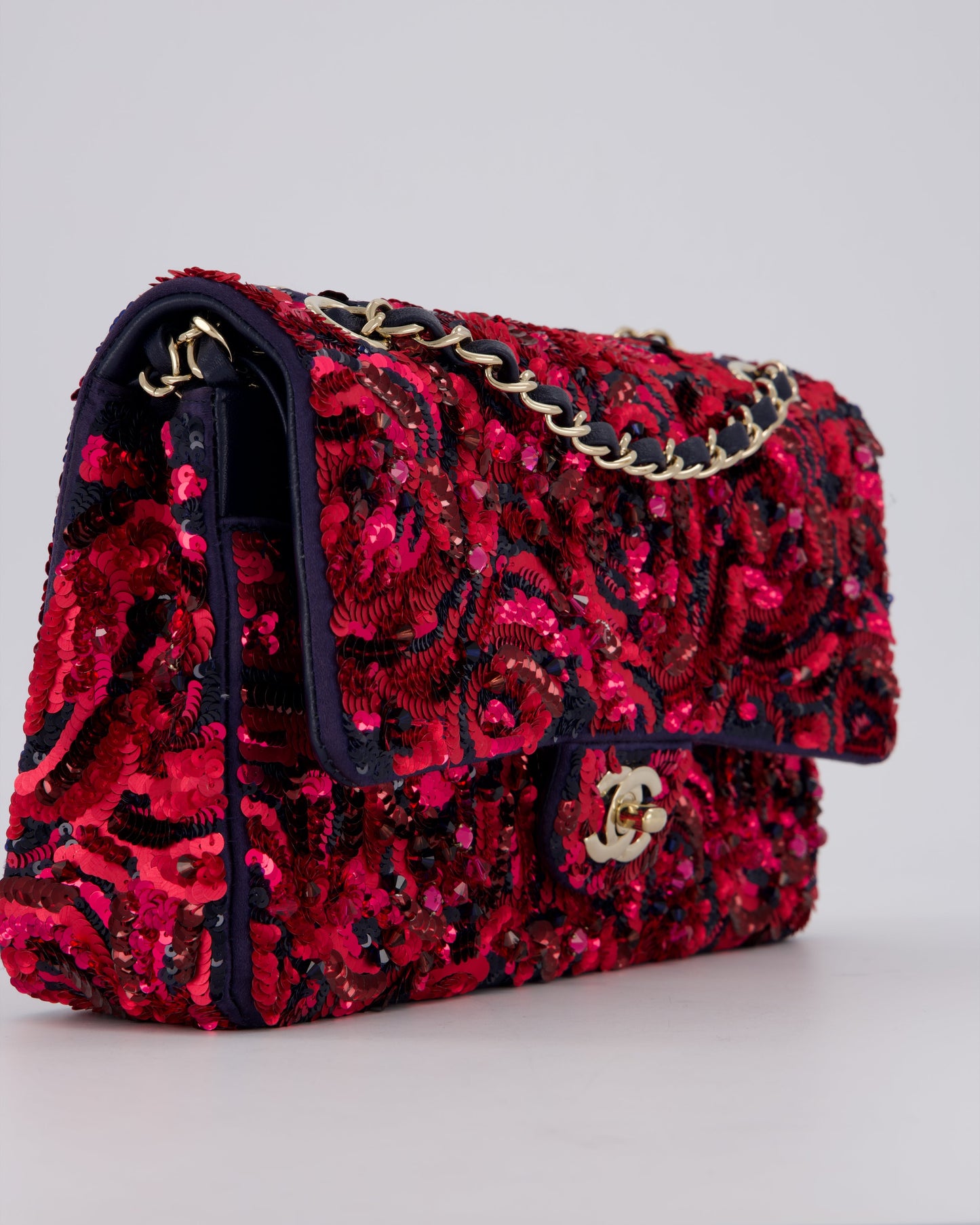 Chanel 21F/W Pink and Burgundy Sequin Embroidered Classic Medium Double Flap in Satin with Champagne Hardware