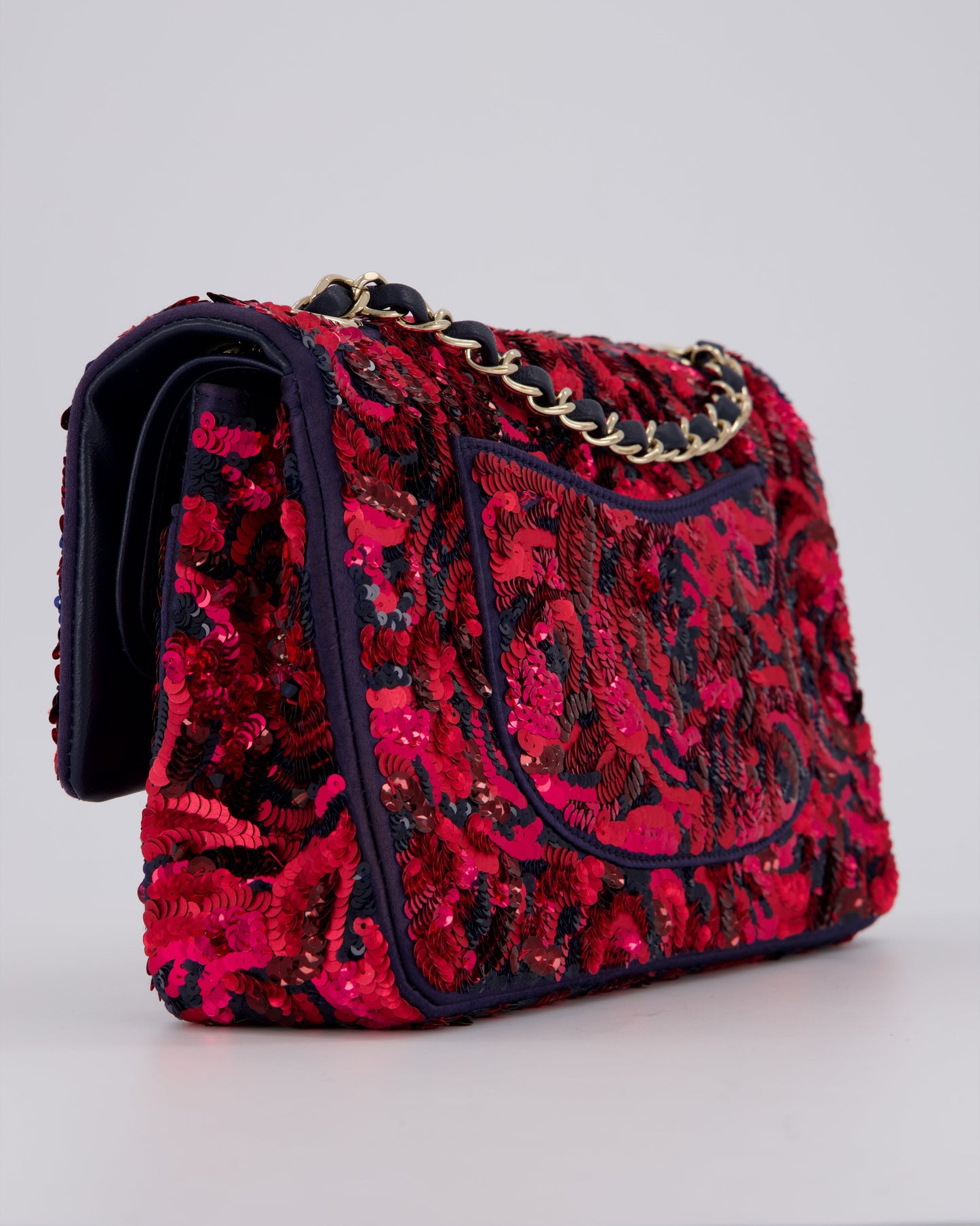 Chanel 21F/W Pink and Burgundy Sequin Embroidered Classic Medium Double Flap in Satin with Champagne Hardware