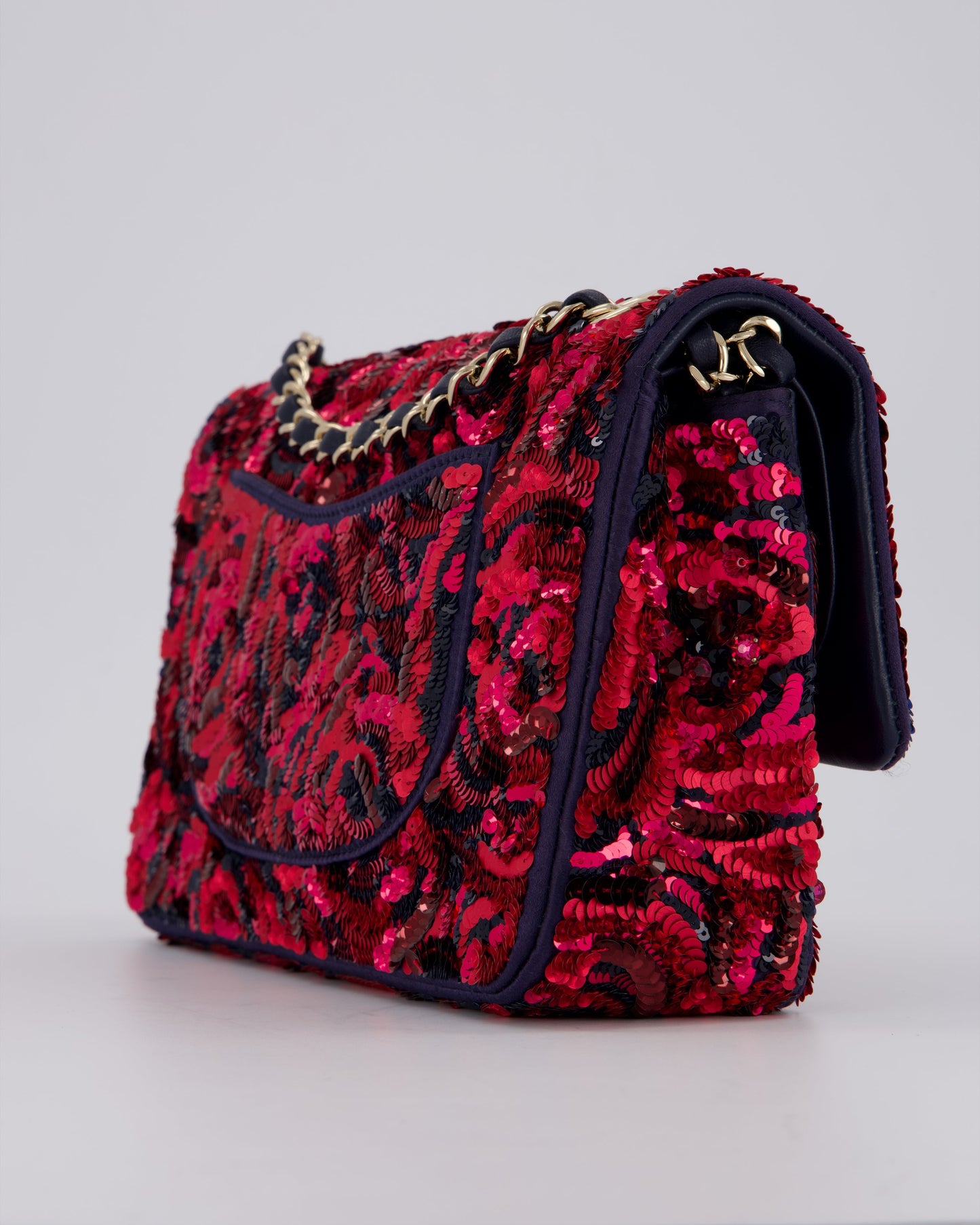 Chanel 21F/W Pink and Burgundy Sequin Embroidered Classic Medium Double Flap in Satin with Champagne Hardware