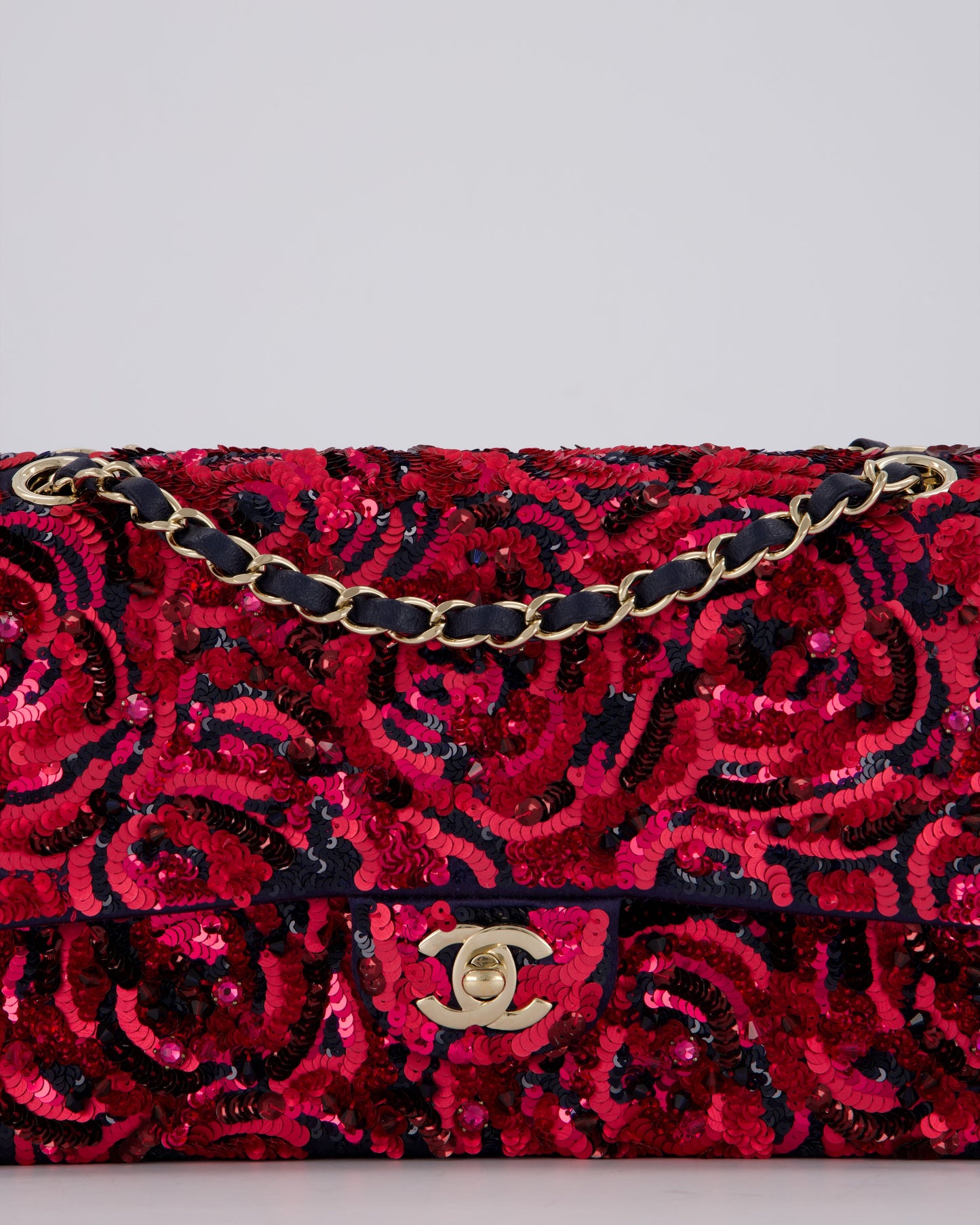 Chanel 21F/W Pink and Burgundy Sequin Embroidered Classic Medium Double Flap in Satin with Champagne Hardware