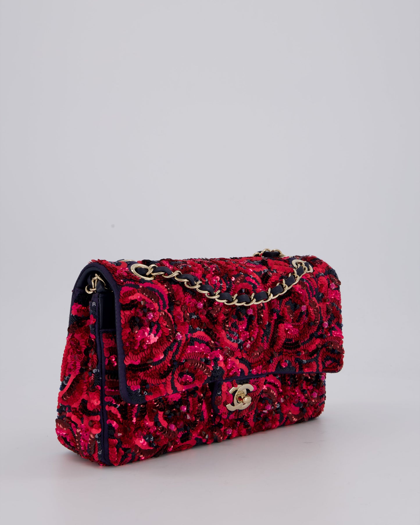 Chanel 21F/W Pink and Burgundy Sequin Embroidered Classic Medium Double Flap in Satin with Champagne Hardware