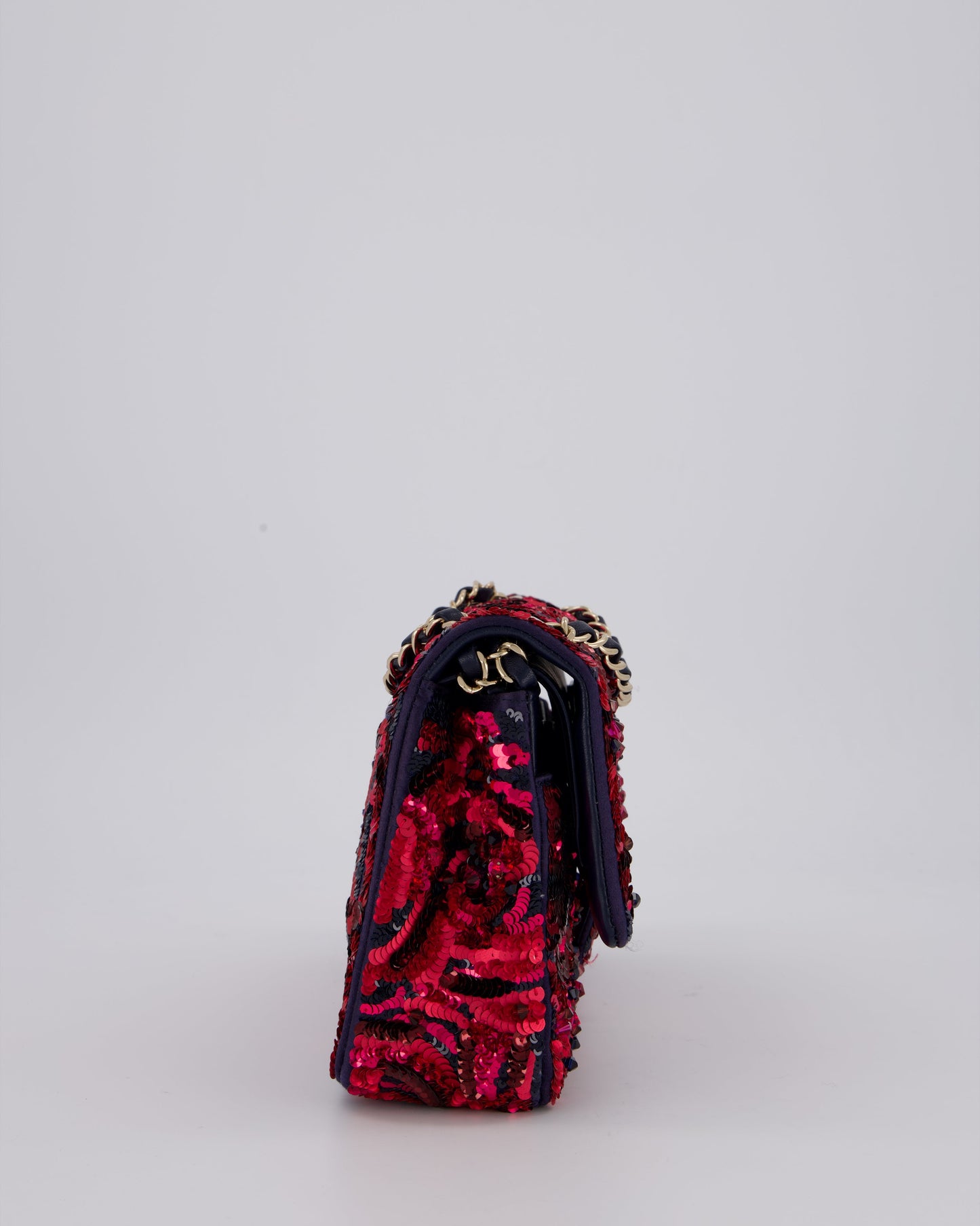 Chanel 21F/W Pink and Burgundy Sequin Embroidered Classic Medium Double Flap in Satin with Champagne Hardware