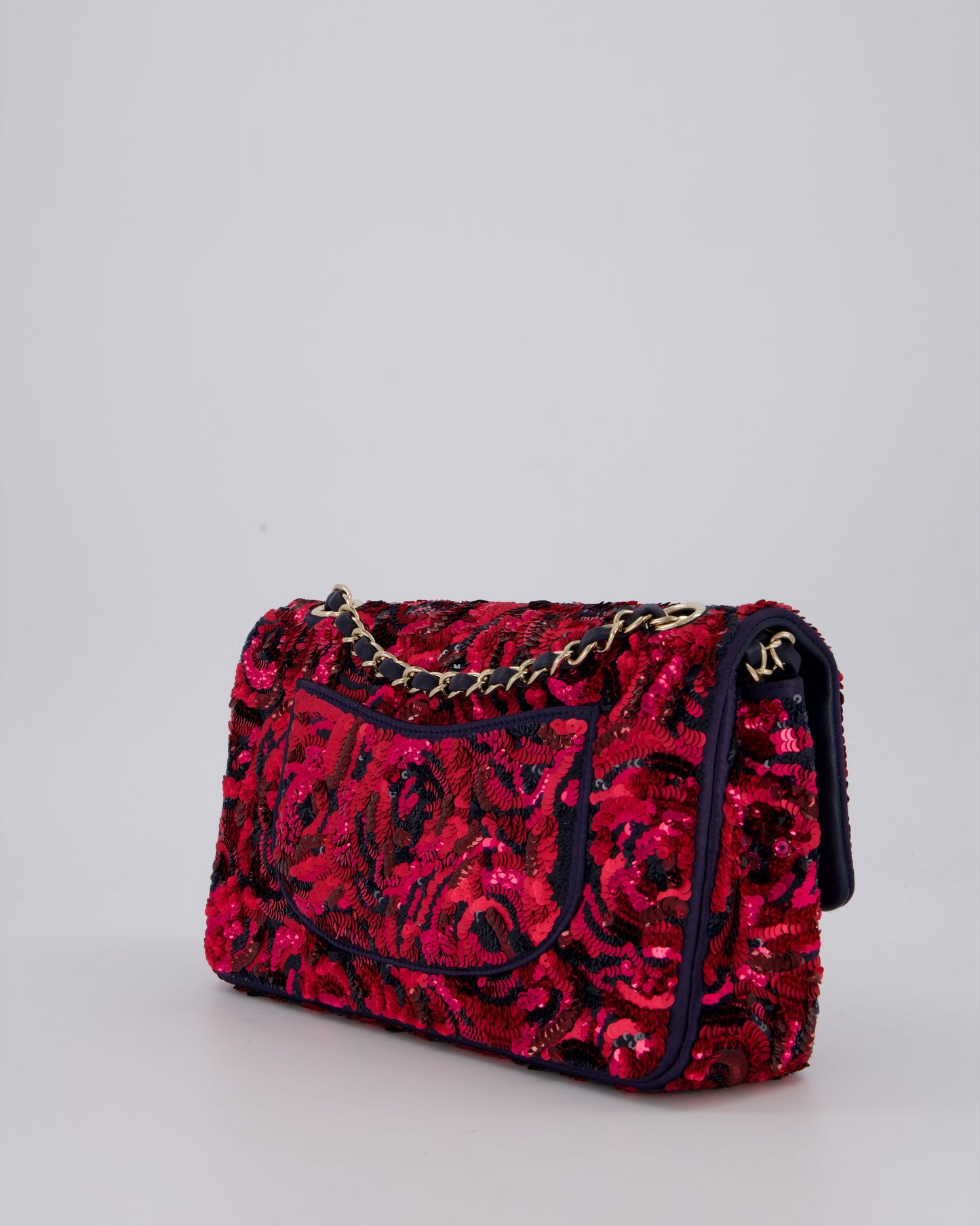 Chanel 21F/W Pink and Burgundy Sequin Embroidered Classic Medium Double Flap in Satin with Champagne Hardware