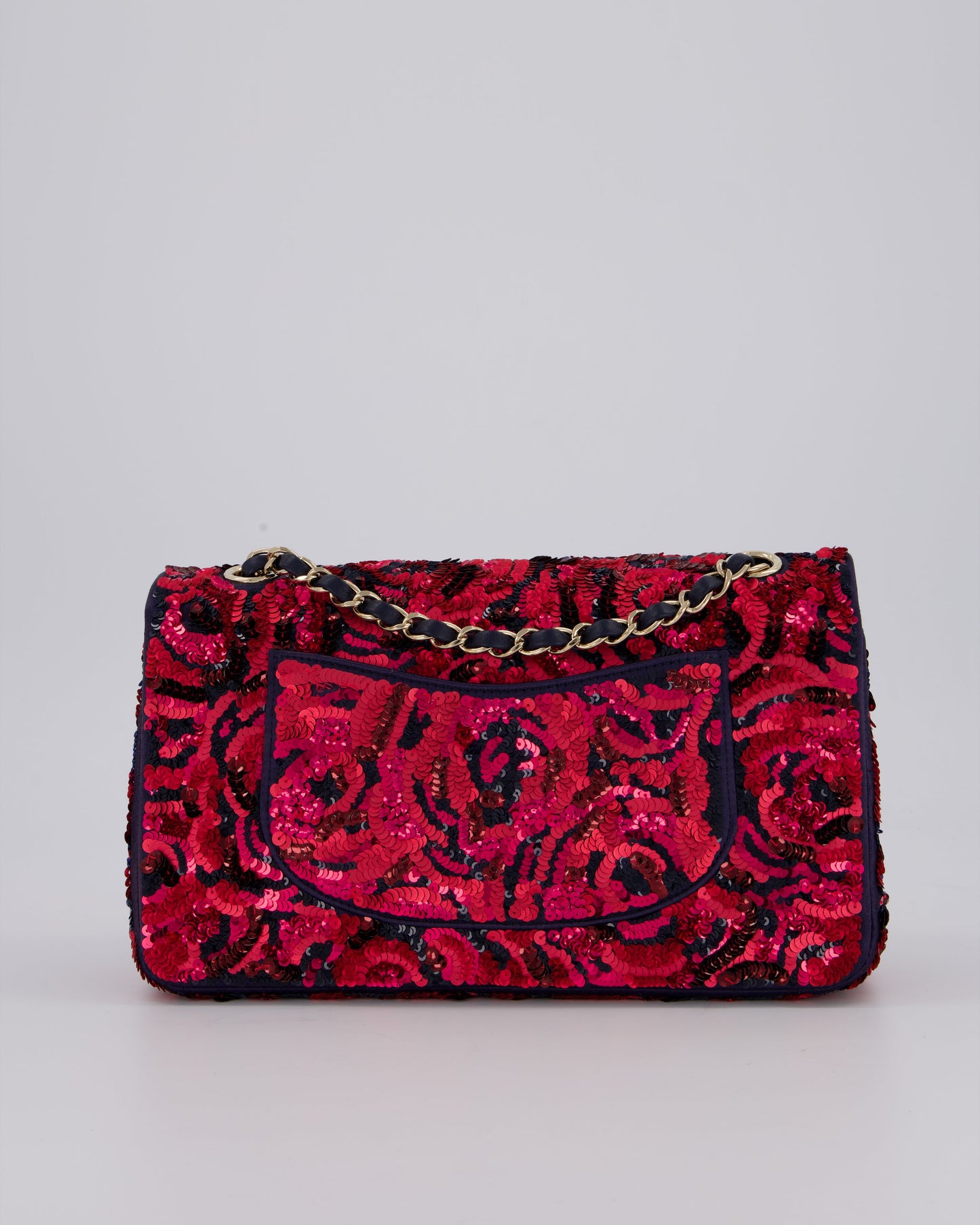 Chanel 21F/W Pink and Burgundy Sequin Embroidered Classic Medium Double Flap in Satin with Champagne Hardware