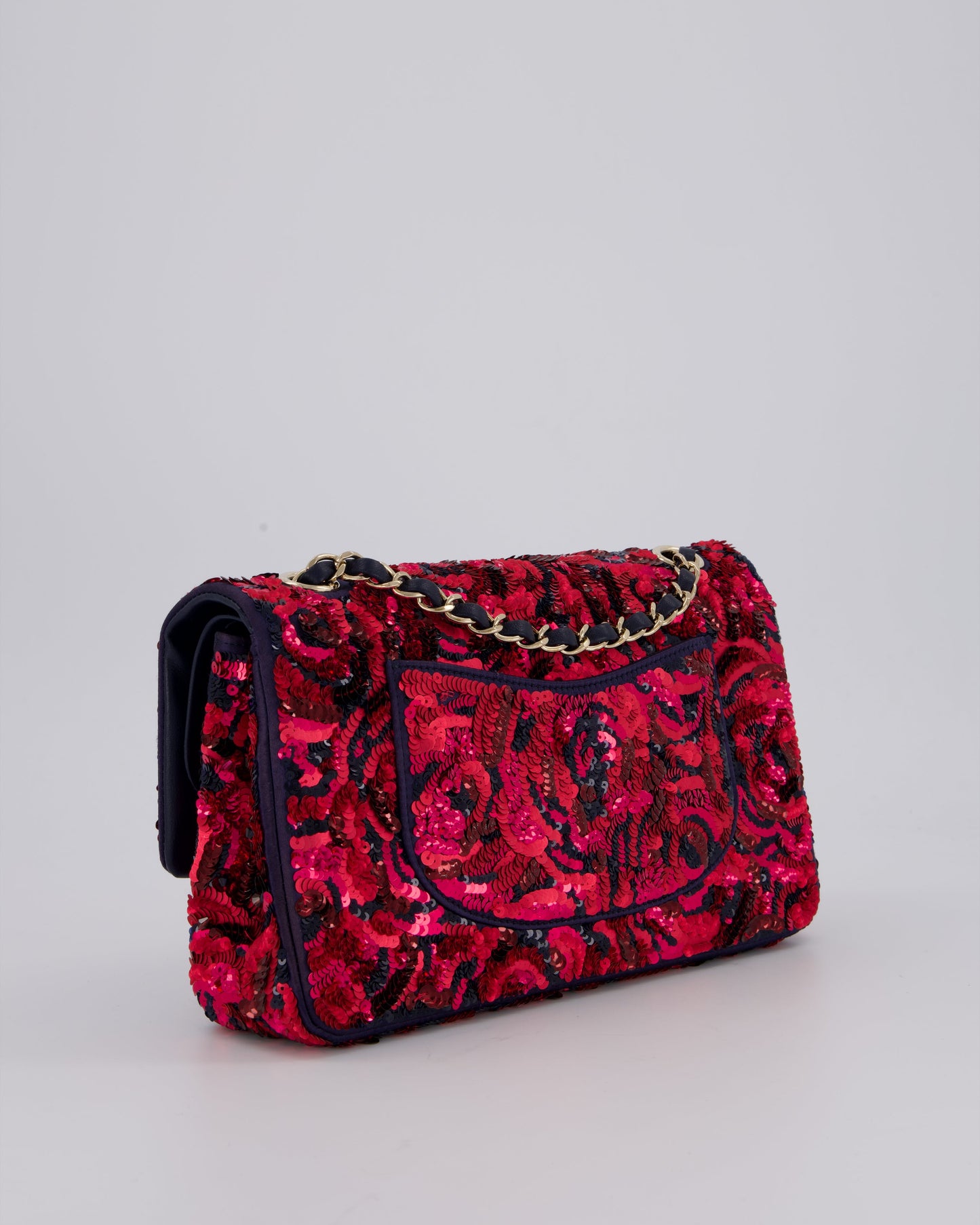 Chanel 21F/W Pink and Burgundy Sequin Embroidered Classic Medium Double Flap in Satin with Champagne Hardware