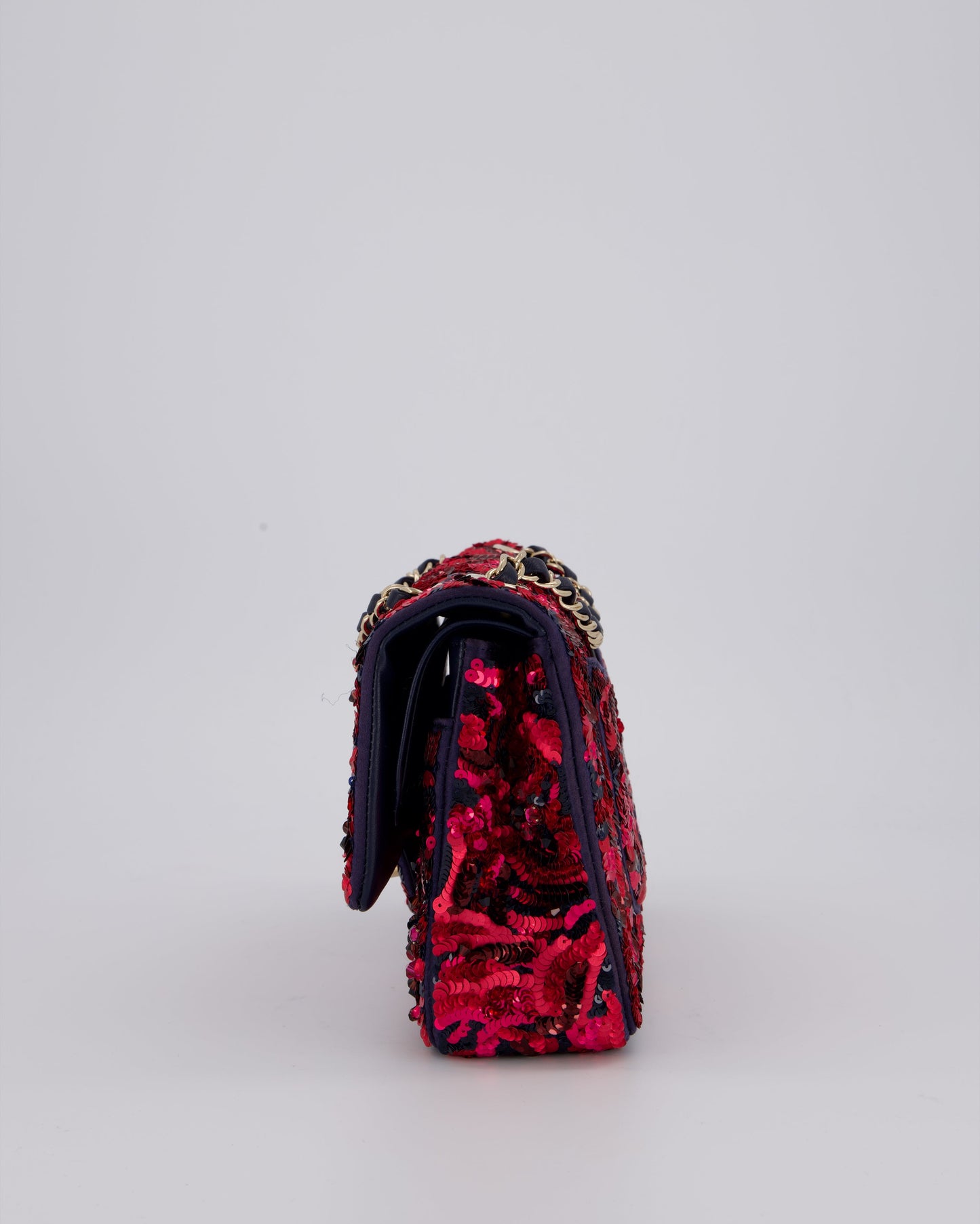 Chanel 21F/W Pink and Burgundy Sequin Embroidered Classic Medium Double Flap in Satin with Champagne Hardware