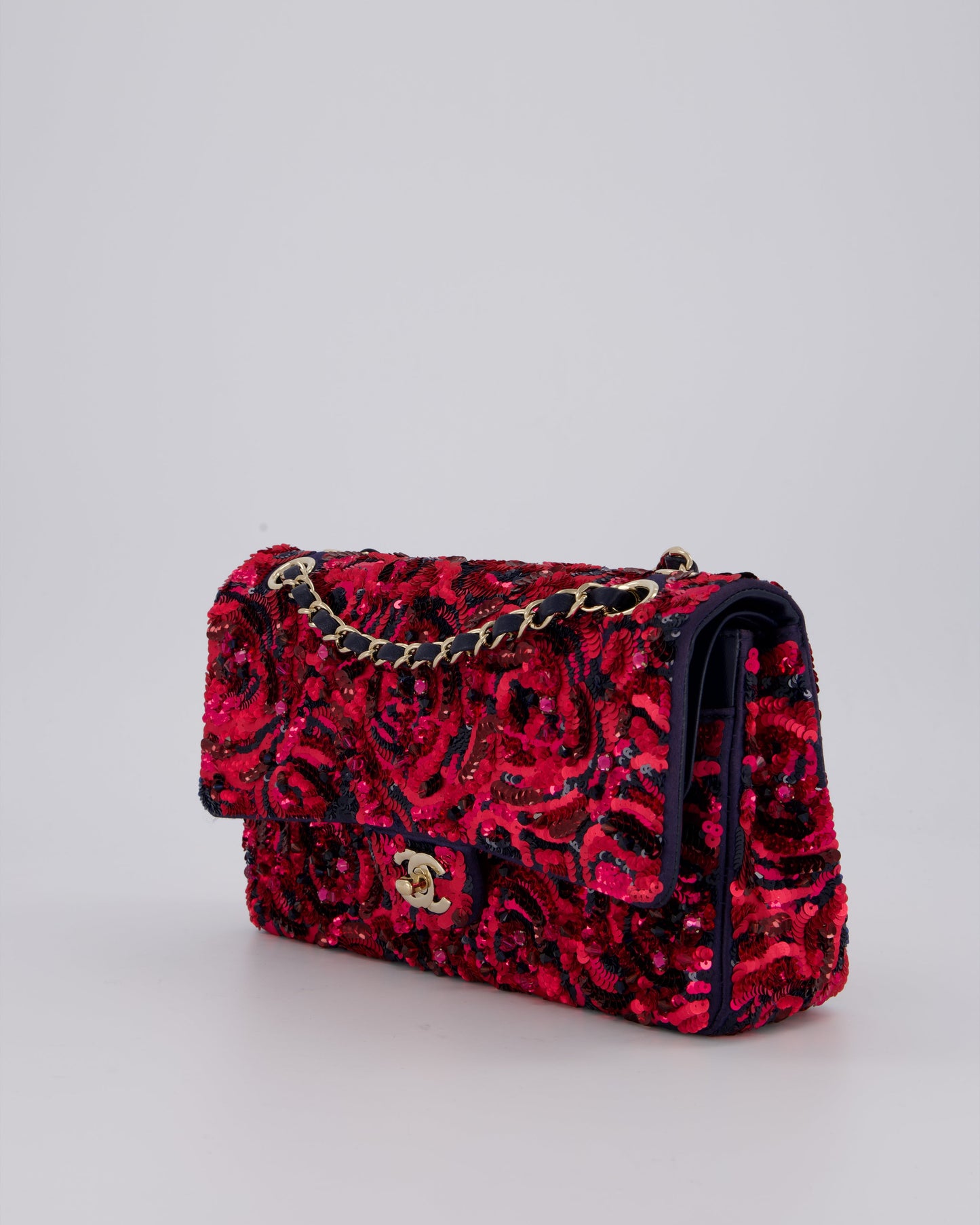 Chanel 21F/W Pink and Burgundy Sequin Embroidered Classic Medium Double Flap in Satin with Champagne Hardware